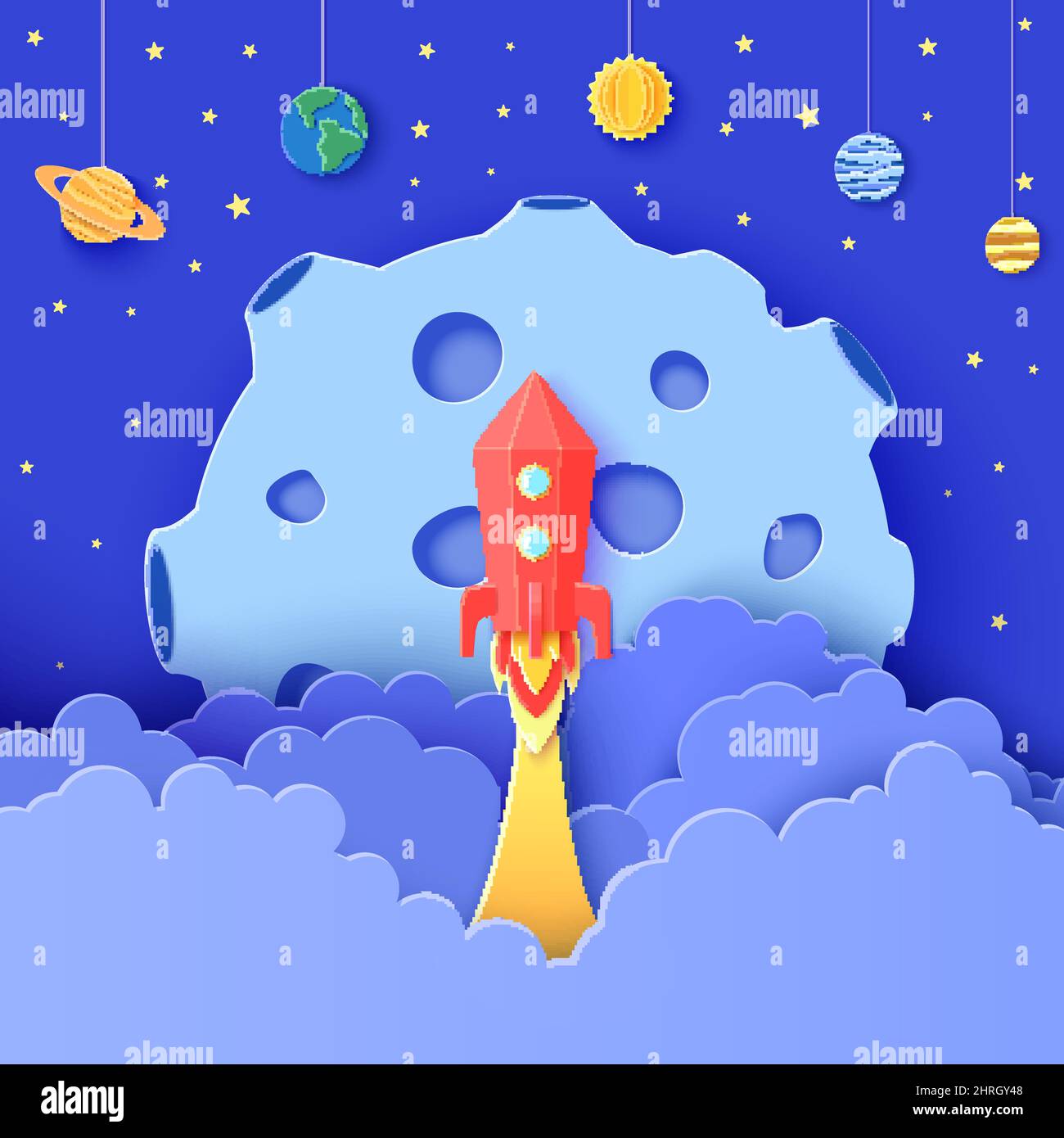 Red rocket launch in space in paper cut style. Galaxy universe ...