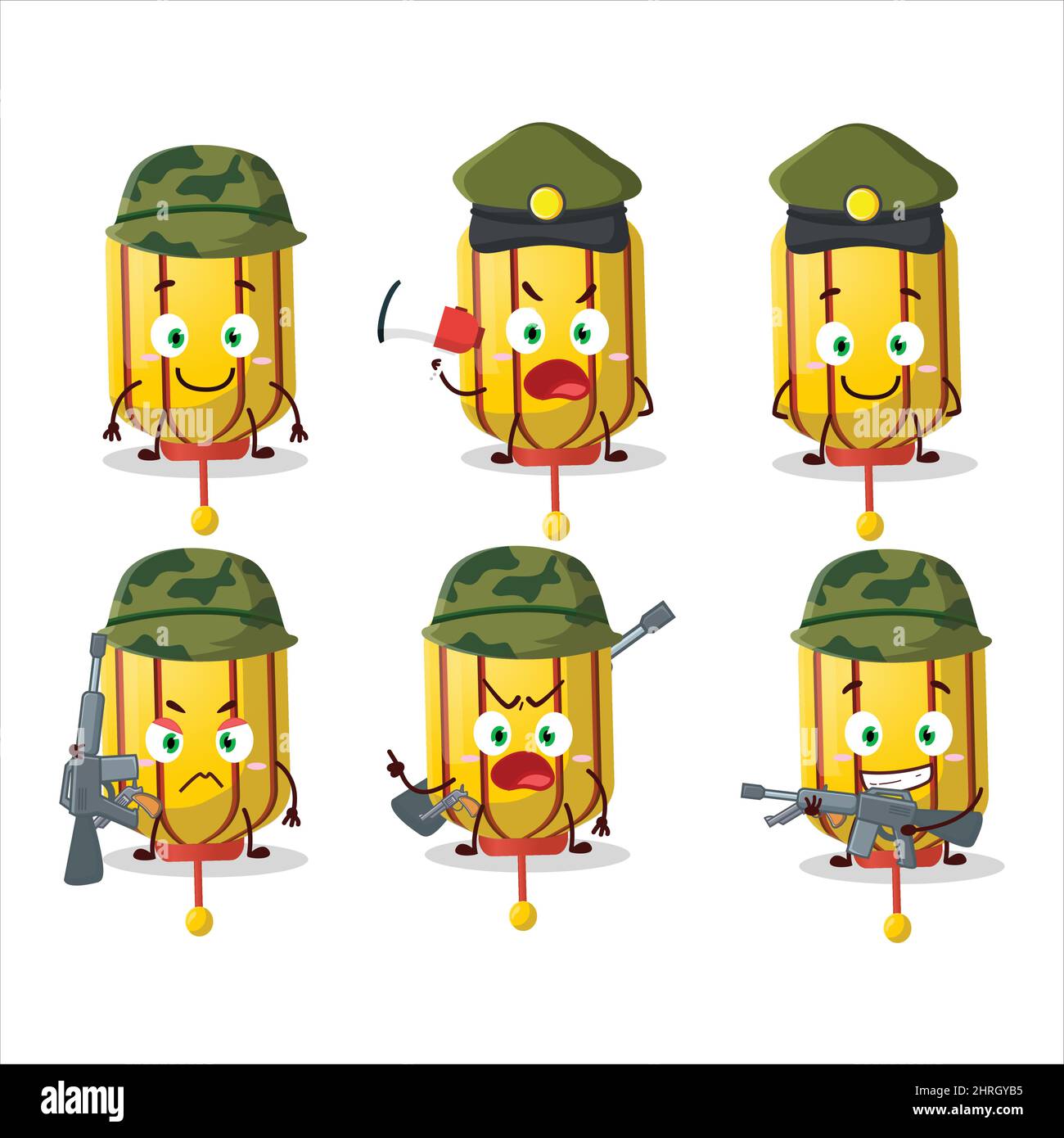 A charming soldier yellow chinese long lamp cartoon picture bring a gun machine. Vector illustration Stock Vector