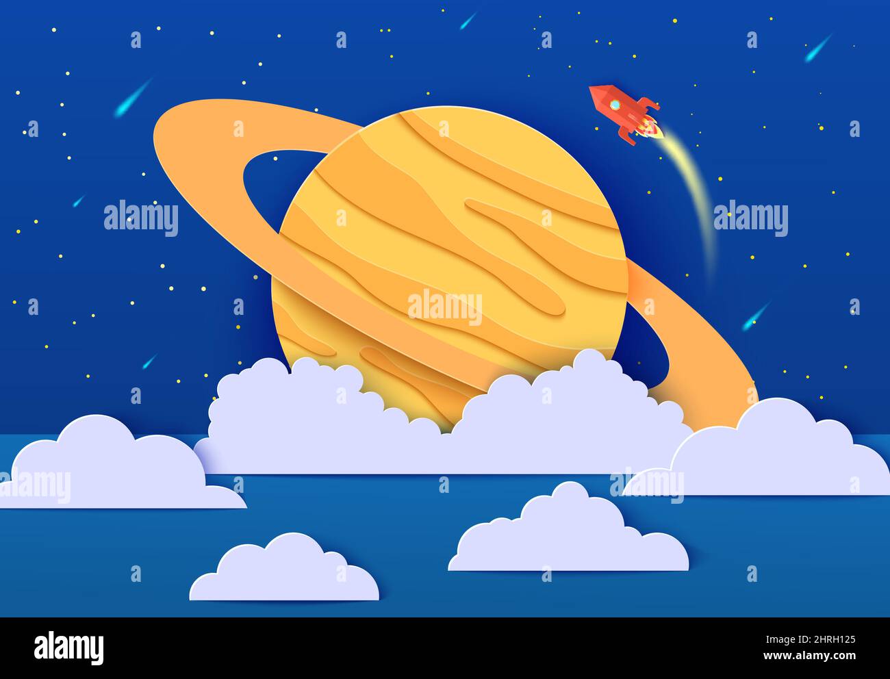 Red rocket launch in space in paper cut style. Absrtact galaxy universe ...