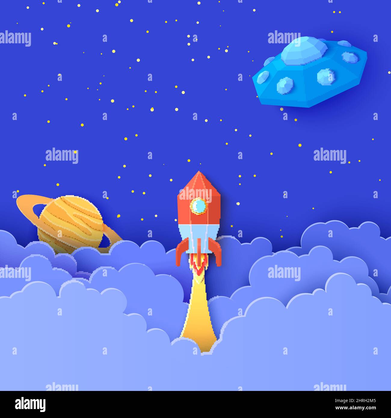 Red rocket launch in space in paper cut style. Galaxy universe ...