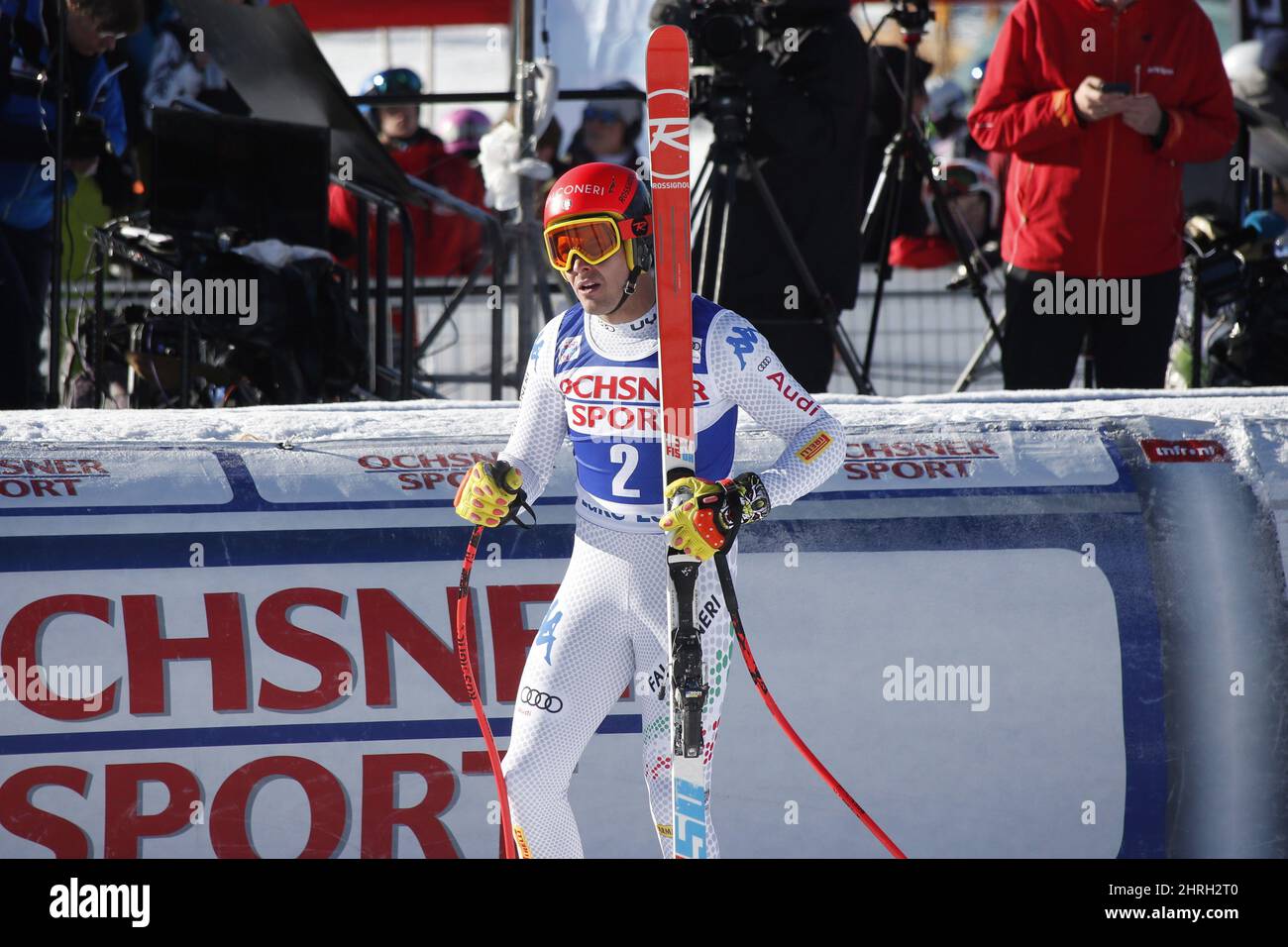 Christof Innerhofer of Italy reacts in the finish area following his
