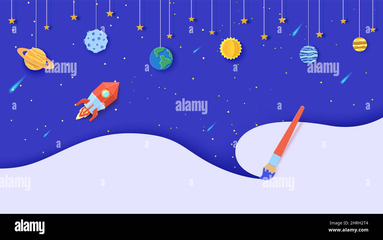 Space with planets on rope and flying red polygonal rocket in paper cut ...