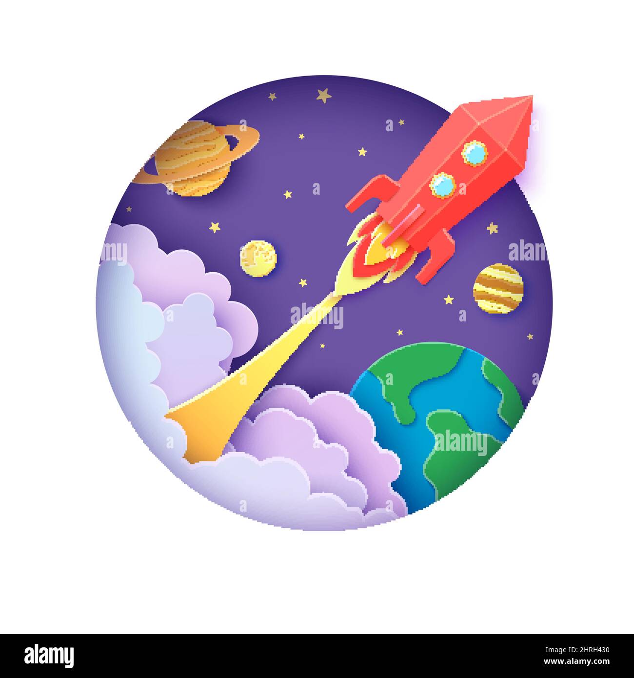 Red rocket launch in space in paper cut style. Round white frame with ...