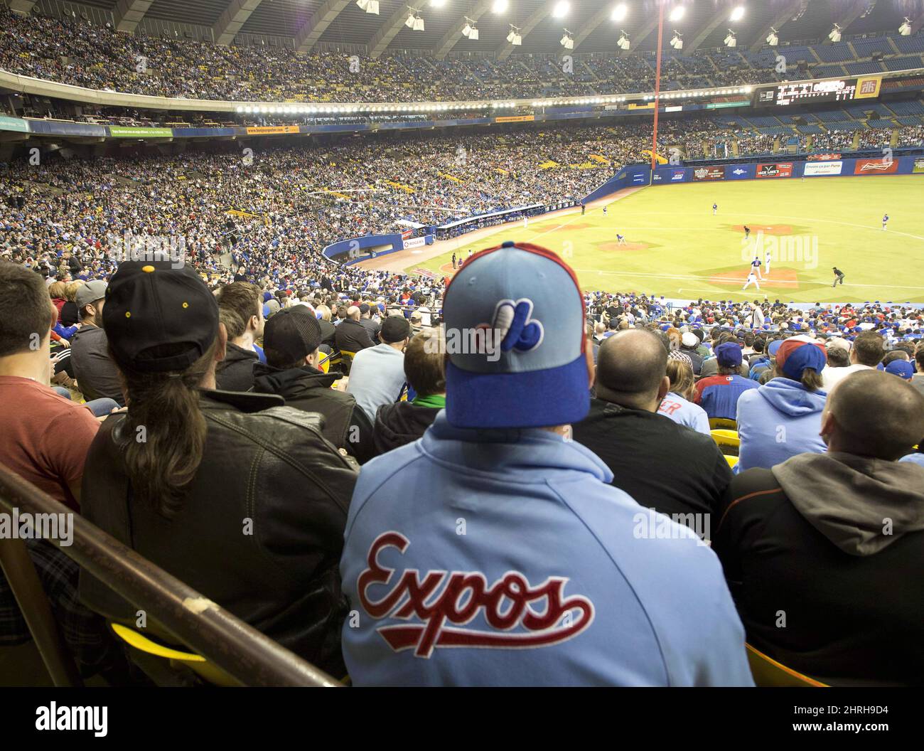 Fans wear Montreal Expos uniforms as they watch the Toronto Blue Jays in a  pre-season baseball game against the New York Mets Friday, March 28, 2014  in Montreal. A study commissioned by