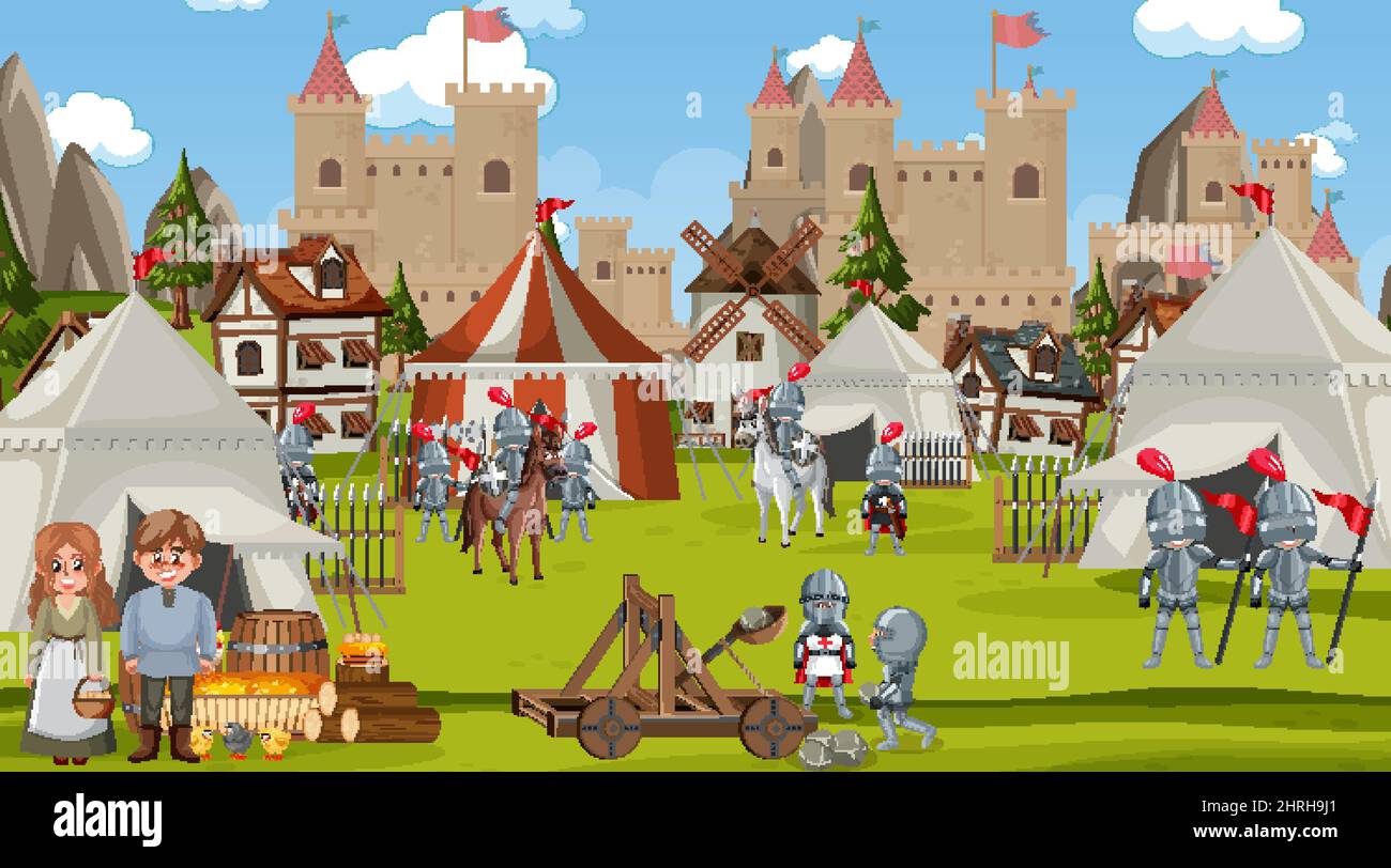 Medieval town scene camp with tents and castle illustration Stock ...