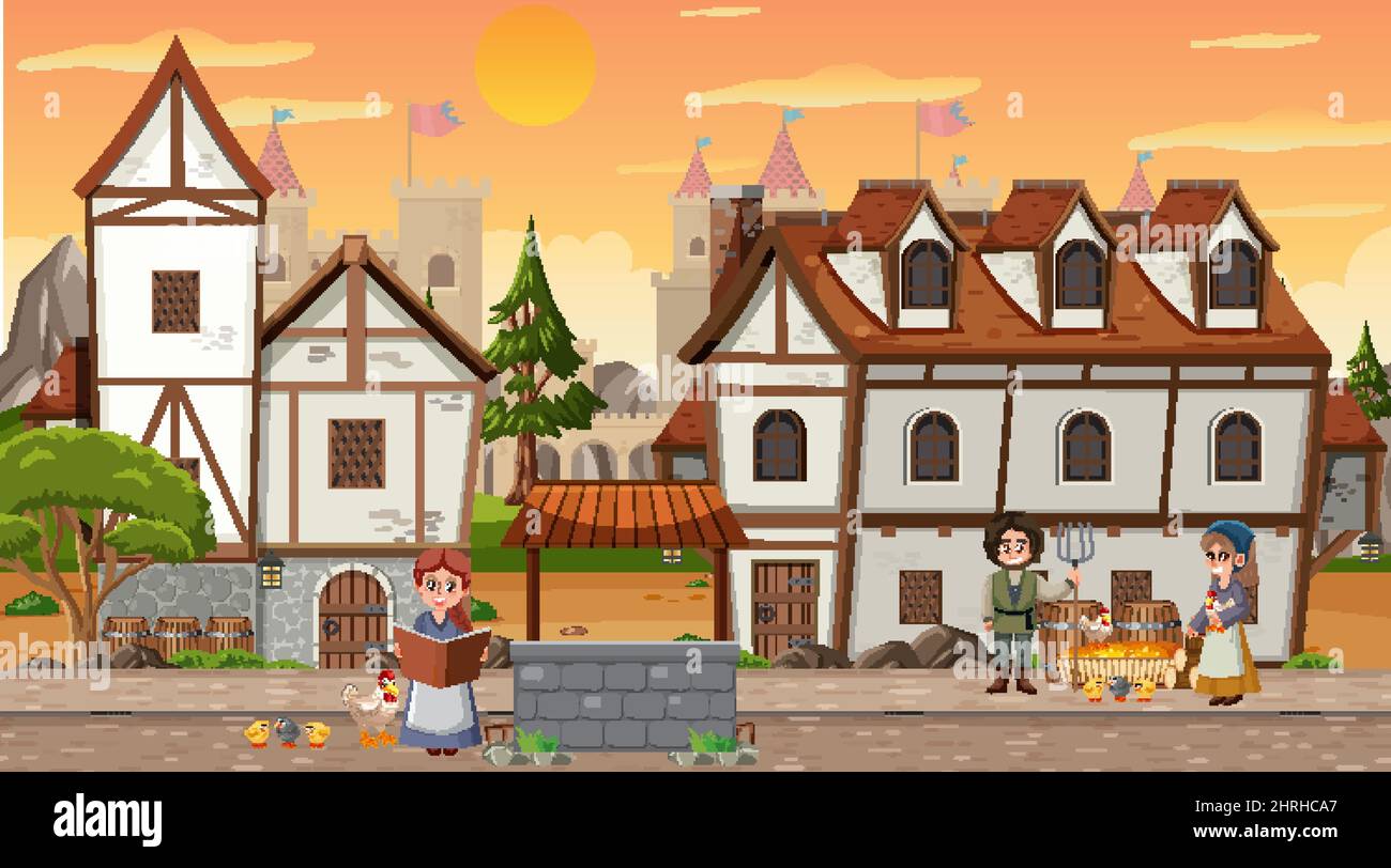 Medieval town scene with villagers illustration Stock Vector Image ...