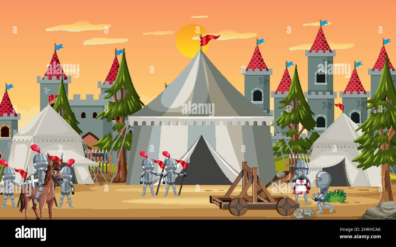 Medieval town scene camp with tents and castle illustration Stock ...