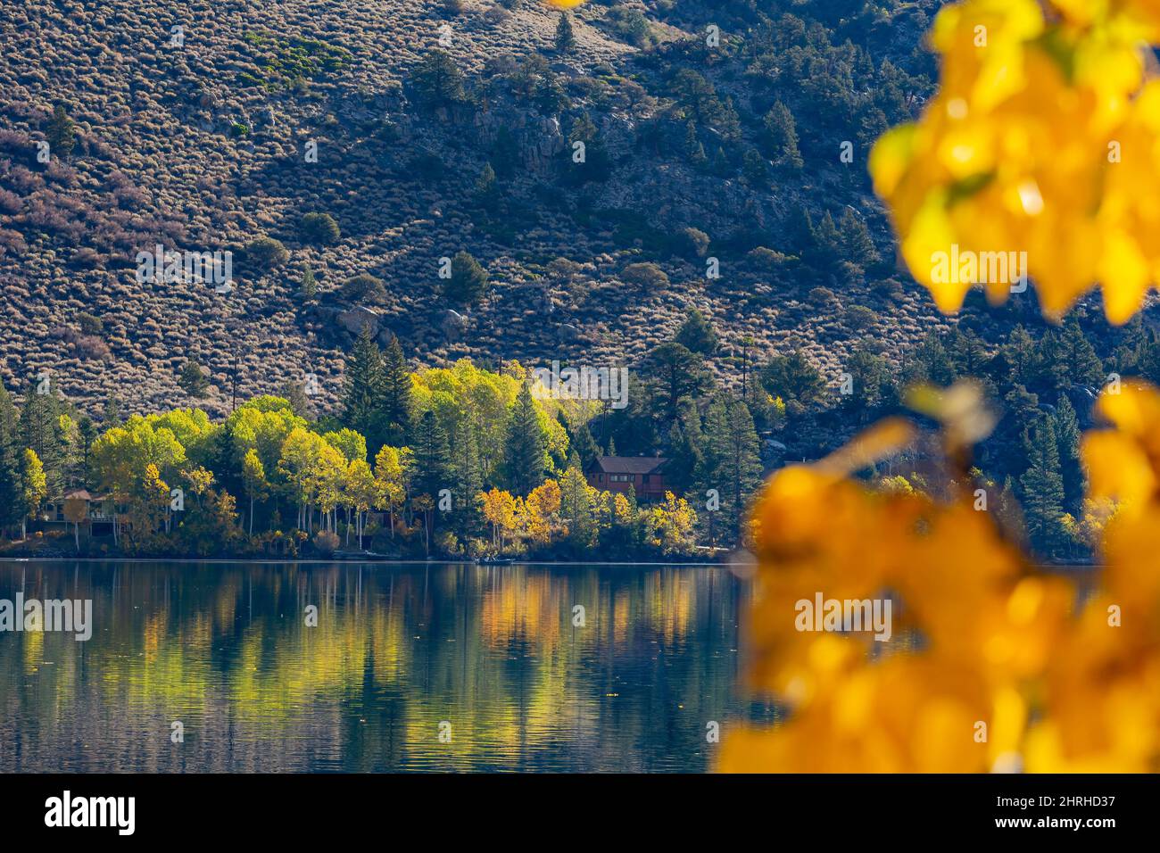 Sunny view of the fall color of Silver Lake at California Stock Photo ...