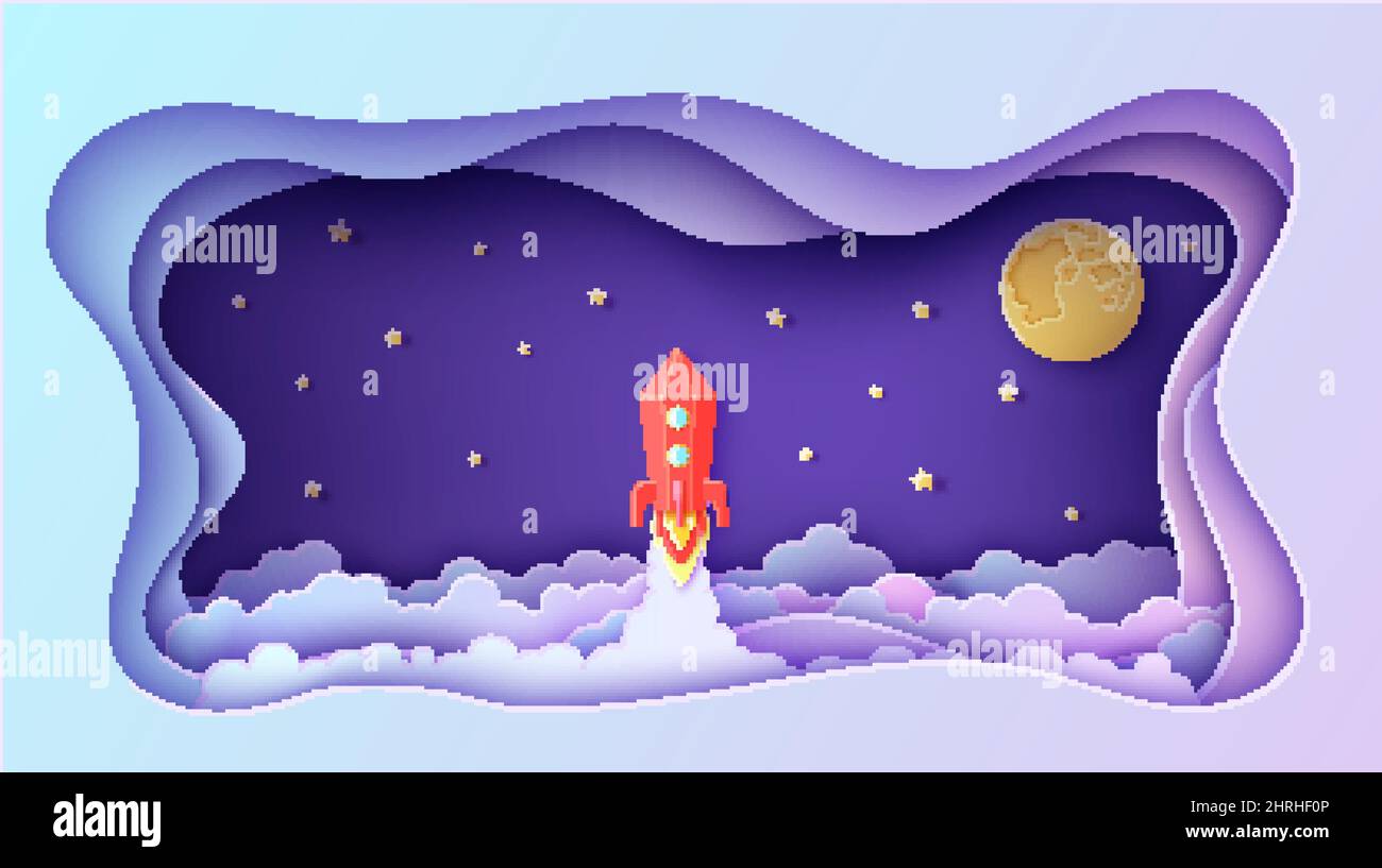 Night sky clouds in rectangular wavy frame and red rocket in paper cut ...
