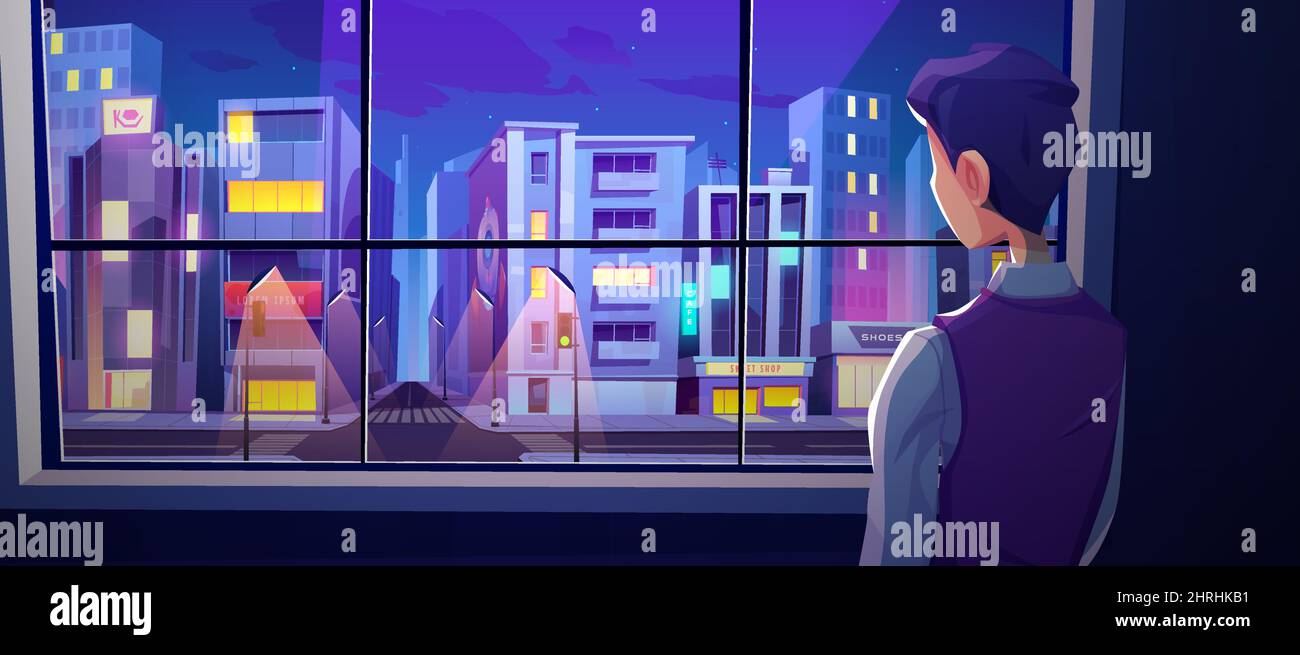 Man stand at window rear view look on night city street crossroad with modern skyscraper buildings Man stand at window rear view look on night city street crossroad with modern skyscraper buildings