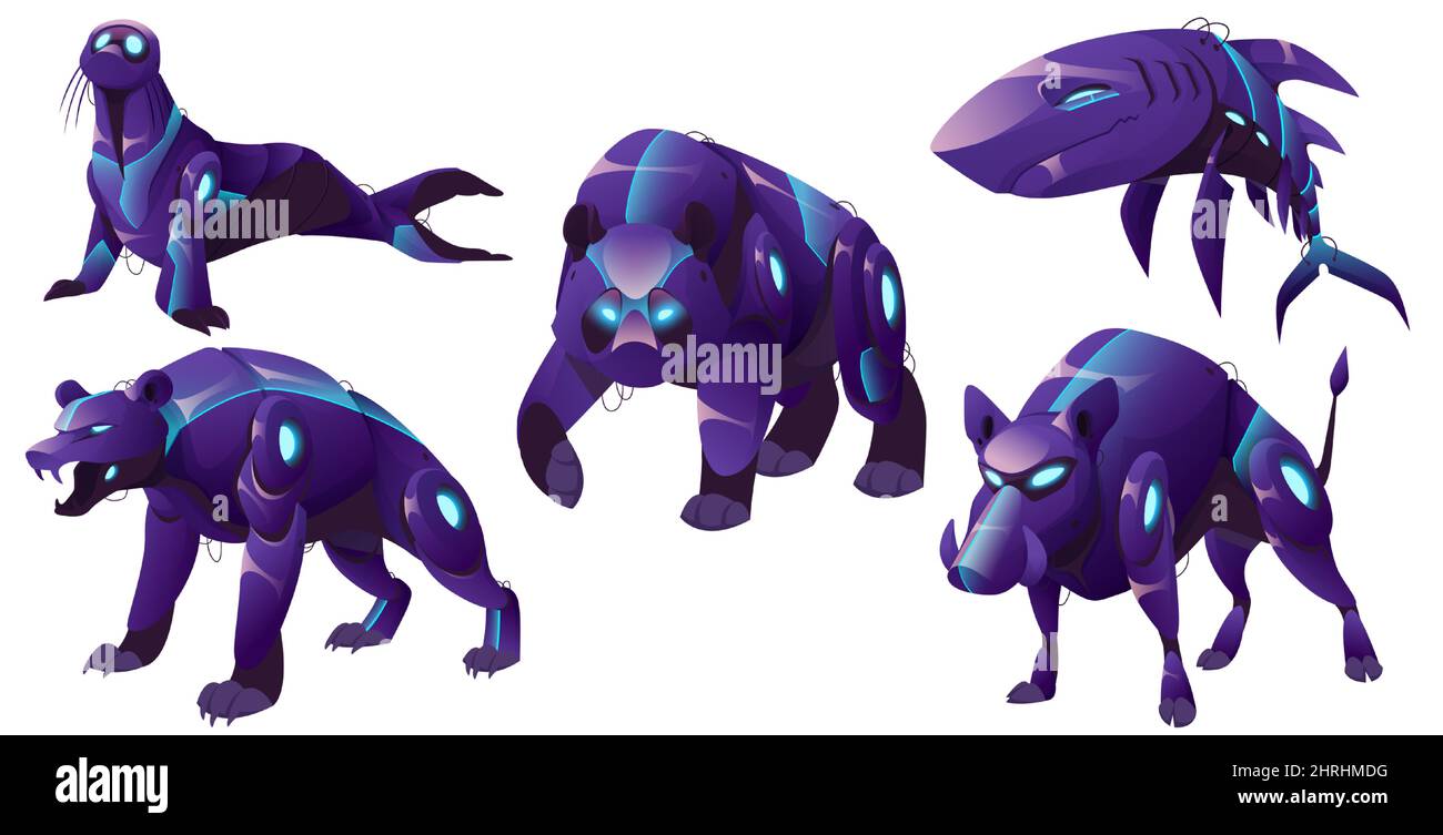 Animal robots, cyborgs seal, panda and grizzly bears, shark and wild boar. Cartoon robotics animalistic machine characters with glowing eyes and wires, mechanical and electronic personages, Vector set Stock Vector