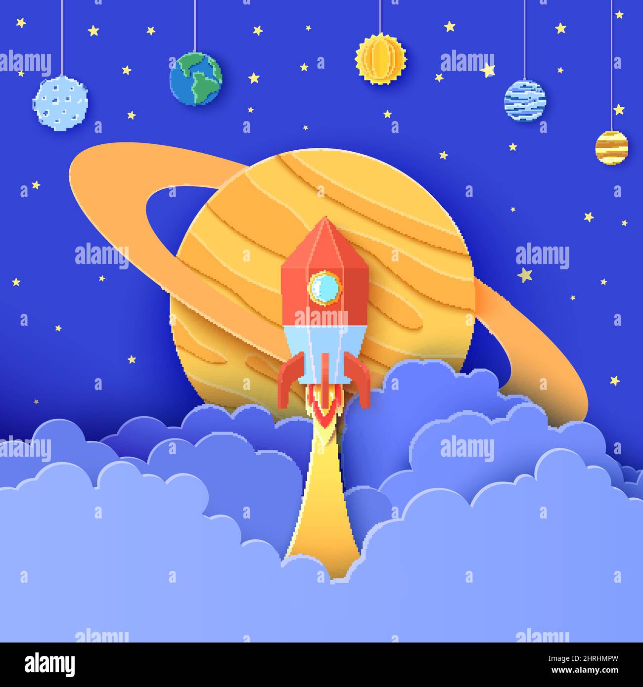 Red rocket launch in space in paper cut style. Galaxy universe ...