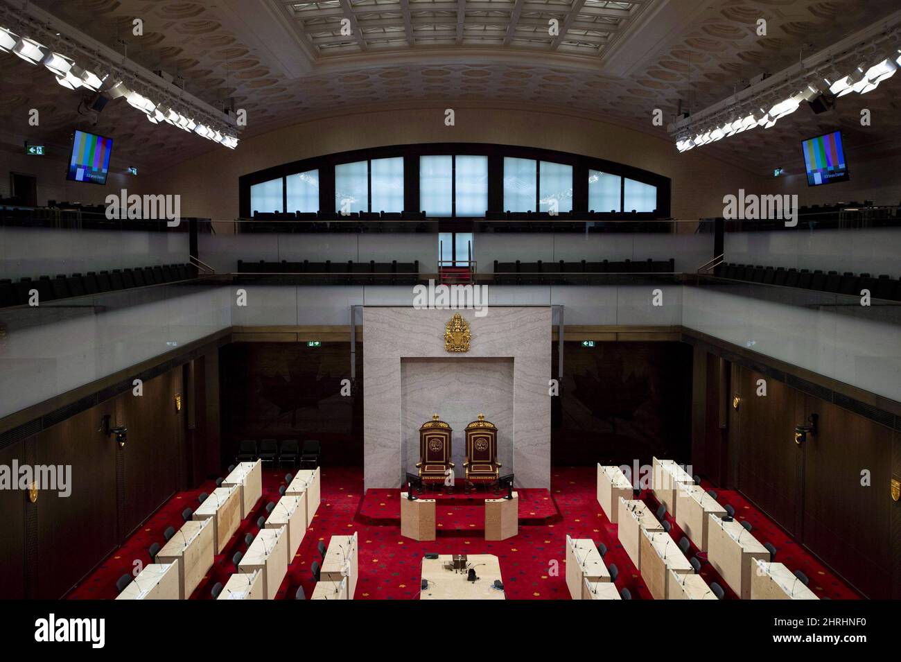 The new temporary Senate Chamber at the Senate of Canada Building, formerly the Government Conference Centre, is shown in Ottawa on December 13, 2018. The long-delayed introduction of cameras to broadcast meetings of the Senate is proceeding after a shaky start. The House of Commons has been televised for more than 40 years but the Senate is only beginning to broadcast meetings in its main chamber with a move into a temporary home while Centre Block is being renovated. A special engineer was brought in to deal with the wobbly cameras, which were attributed to 'natural vibrations and inherent m Stock Photo