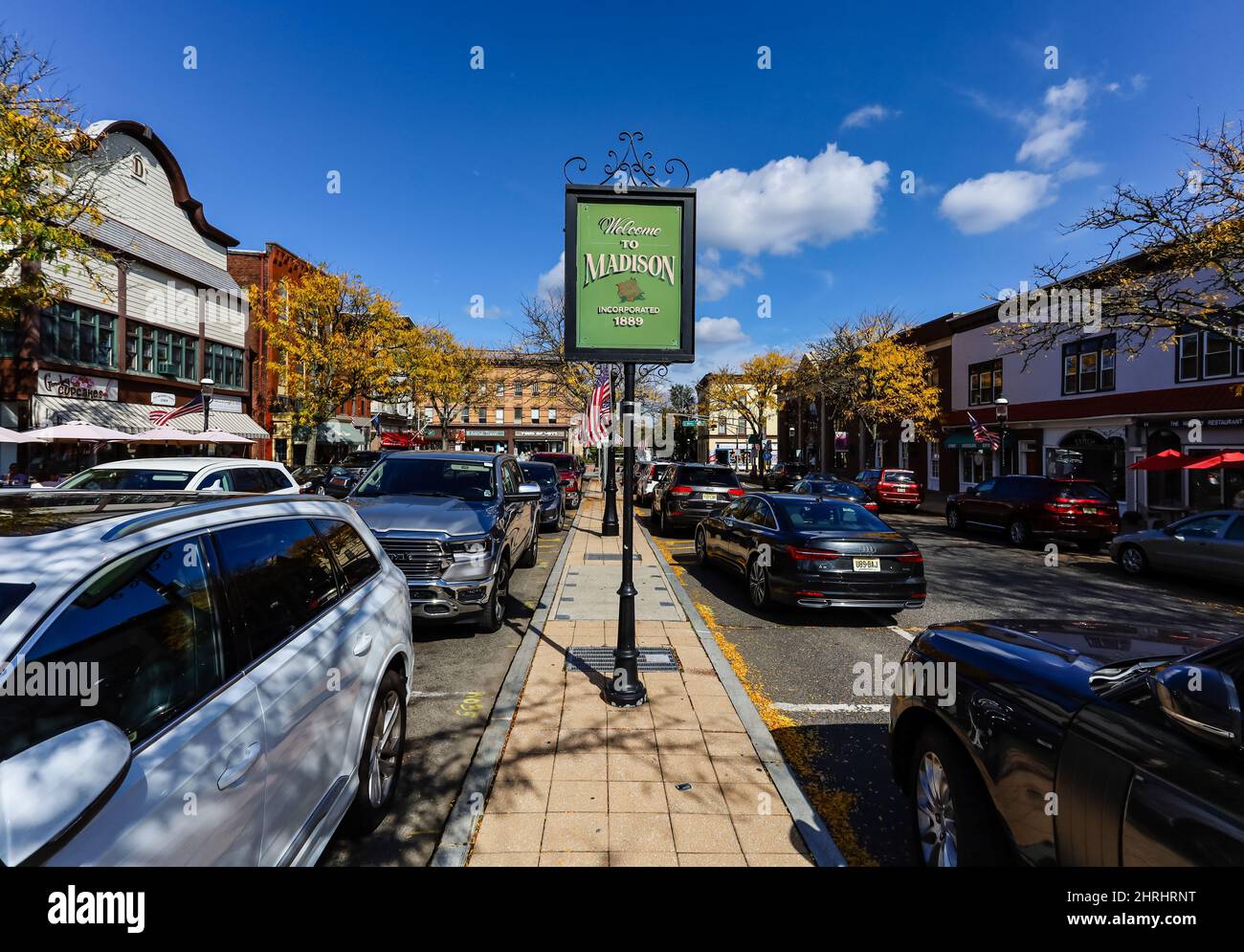 Welcome to Madison sign of Madison, New Jersey downtown on a sunny ...