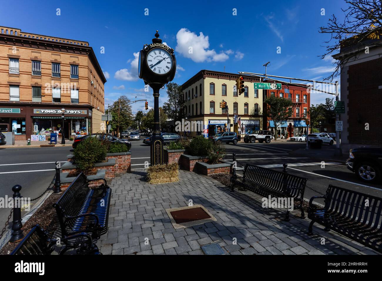 Huge clock in the main street of Madison, New Jersey downtown on a
