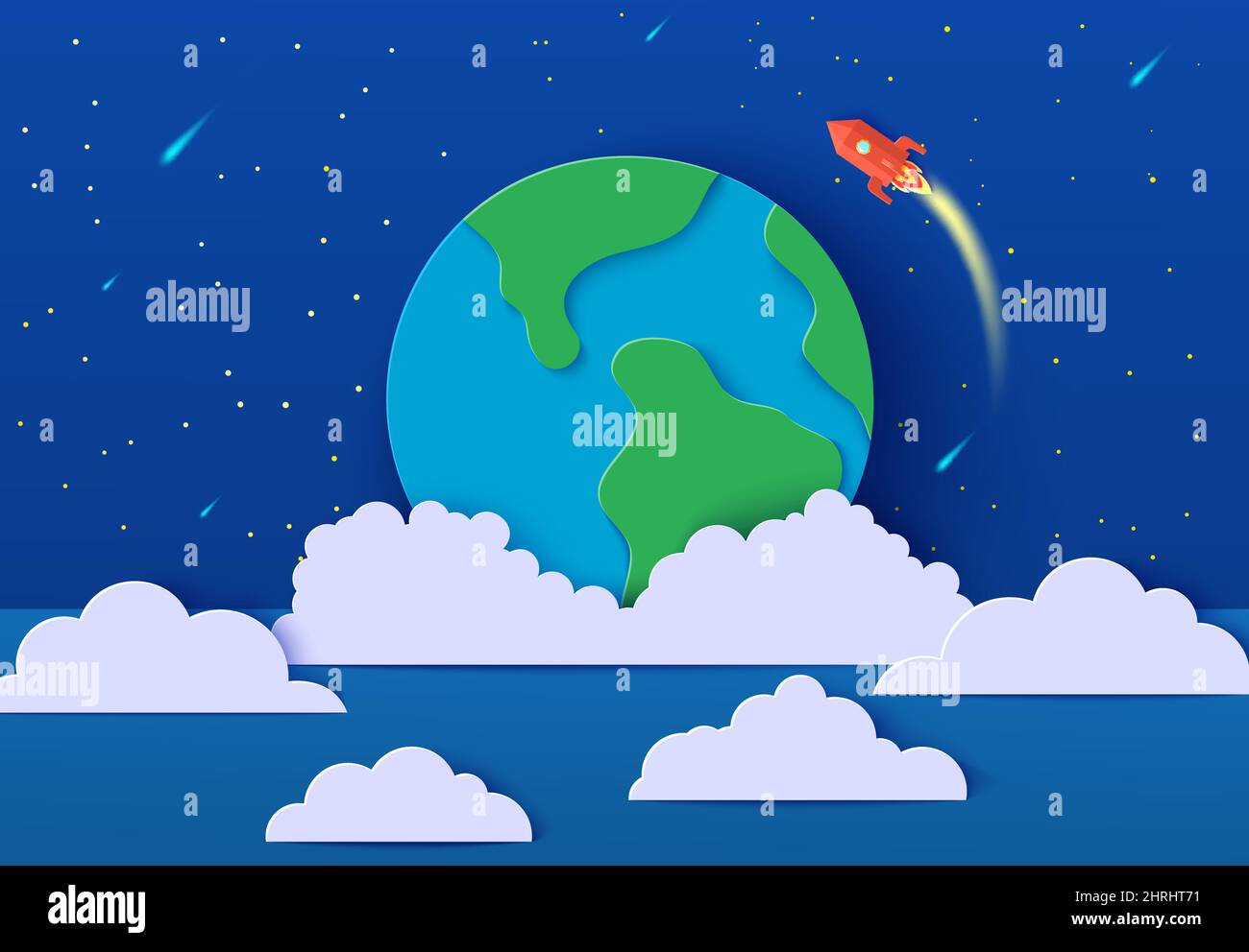Red rocket launch in space in paper cut style. Absrtact galaxy universe ...