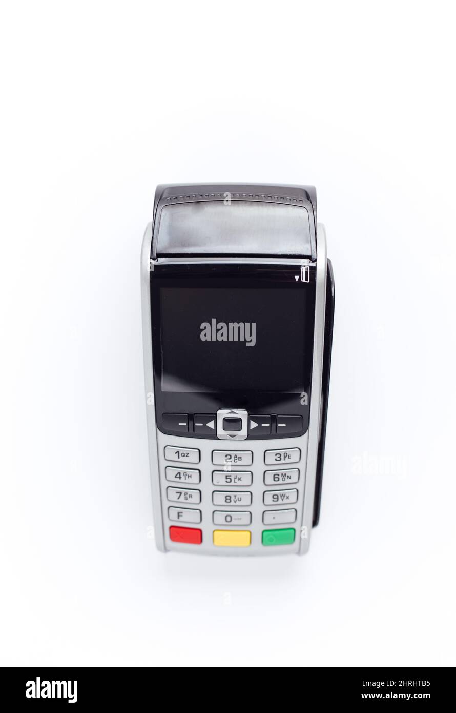 Vertical shot of the credit card terminal isolated on the white ...