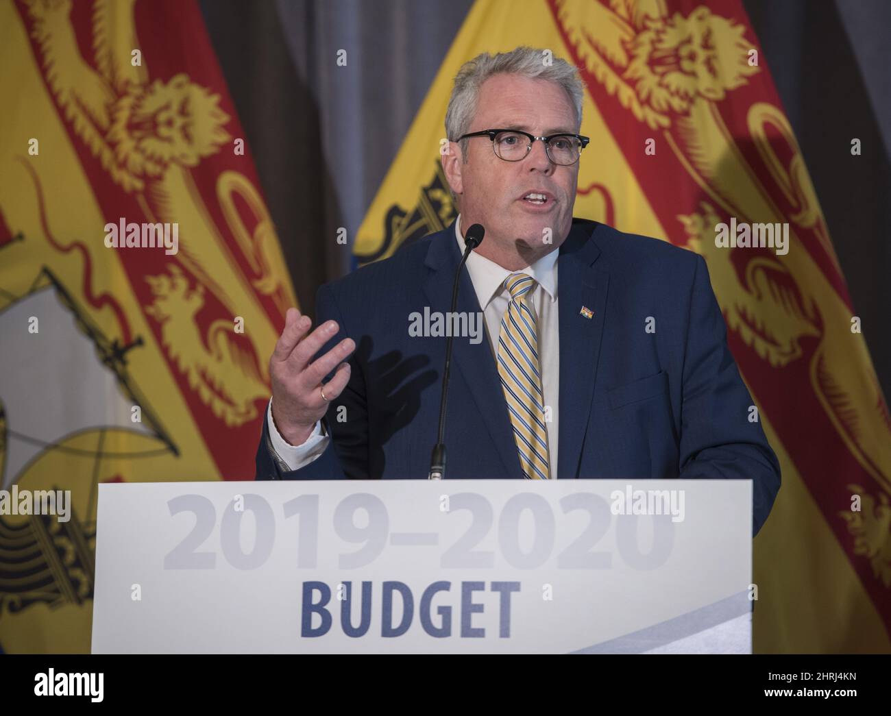 New Brunswick Finance Minister Ernie Steeves speaks at a press