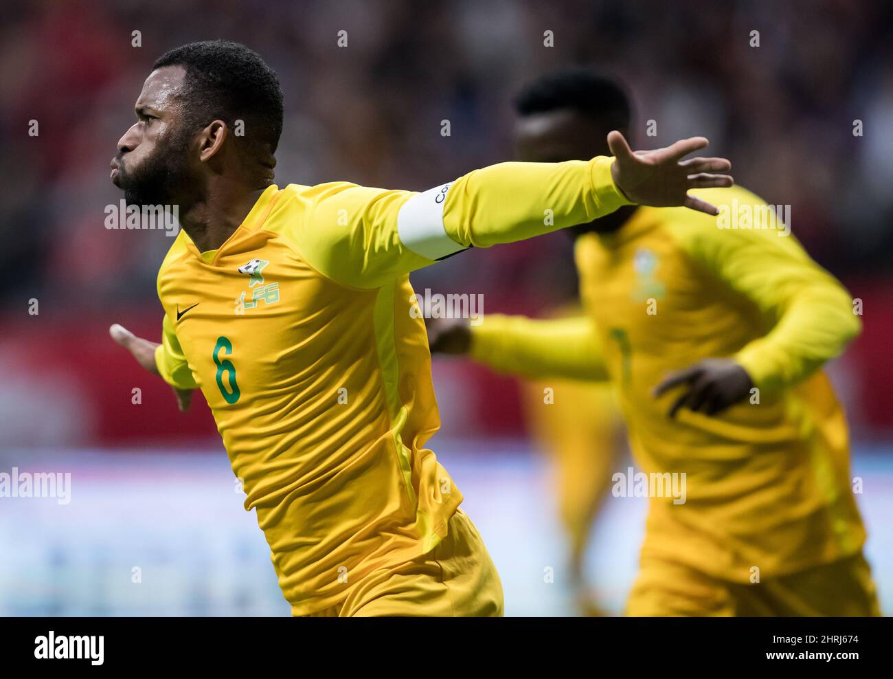 French Guiana's Kevin Rimane (6) celebrates his goal against Canada during the first half of a CONCACAF Nations League qualifying soccer match in Vancouver, on Sunday March 24, 2019. THE CANADIAN PRESS/Darryl Dyck Stock Photo