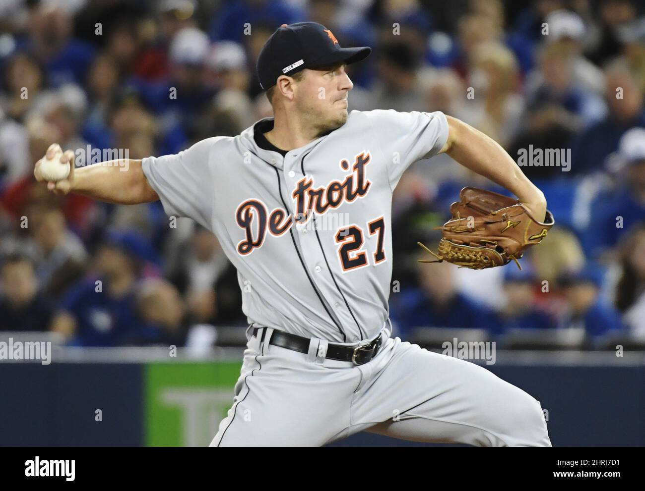 Detroit Tigers starting pitcher Jordan Zimmermann (27) works against the Toronto Blue Jays during first inning AL baseball action in Toronto on Thursday, March 28, 2019. THE CANADIAN PRESS/Nathan Denette Stock Photo