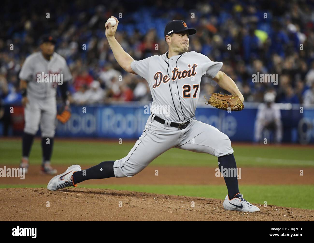Detroit Tigers starting pitcher Jordan Zimmermann (27) works against the Toronto Blue Jays during fourth inning AL baseball action in Toronto on Thursday, March 28, 2019. THE CANADIAN PRESS/Nathan Denette Stock Photo