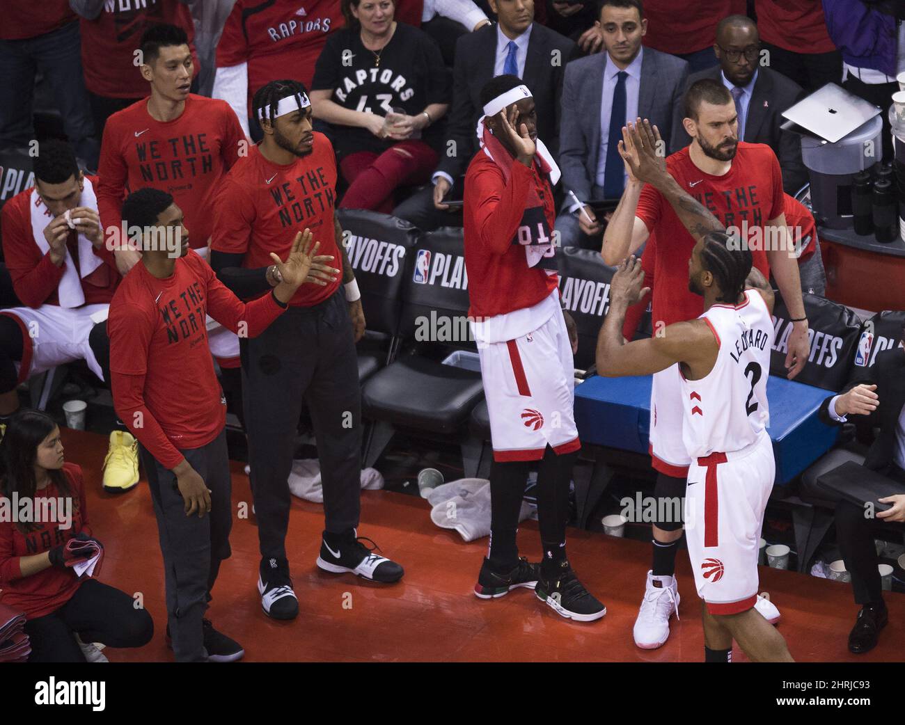 Toronto Raptors forward Kawhi Leonard (2) celebrates with teammates after being pulled from the game against the Orlando Magic during second half NBA playoff basketball action in Toronto, on Tuesday, April 23, 2019. THE CANADIAN PRESS/Nathan Denette Stock Photo