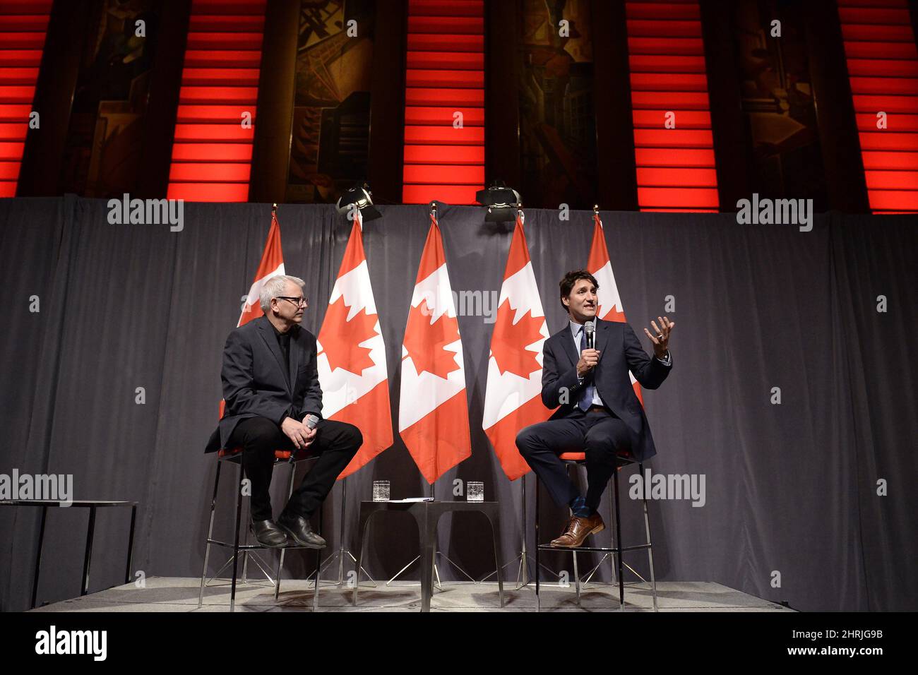 Justin Trudeau, Leader of the Liberal Party of Canada, speaks to supporters during an armchair