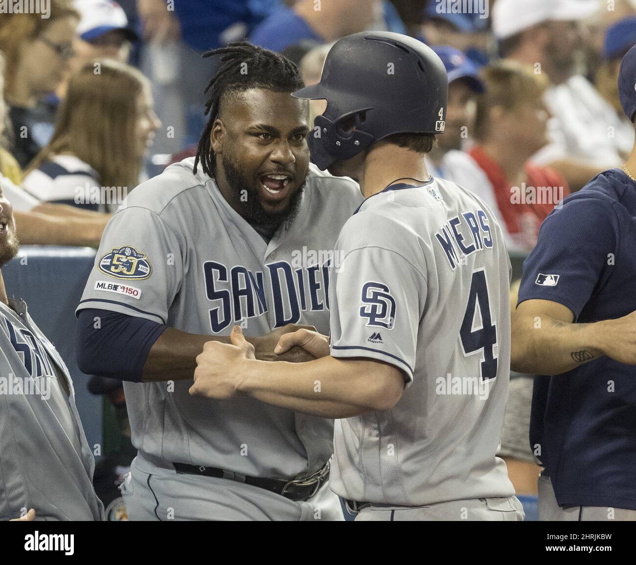 San Diego Padres Will Myers greeted by team mate Franmil Reyes