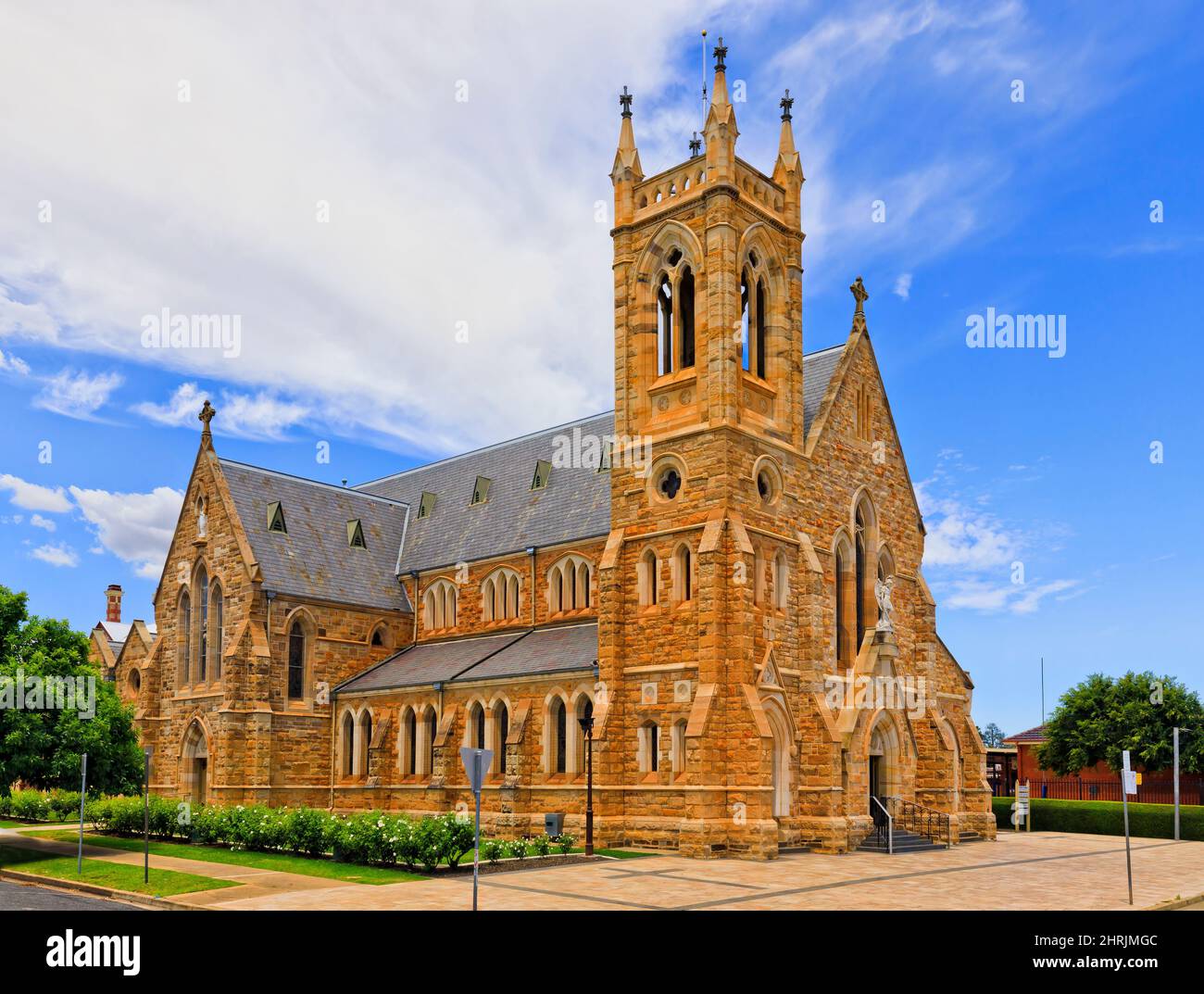 Entrance to historic heritage christian catholic cathedral in Wagga Wagga city of regional rural Australia. Stock Photo