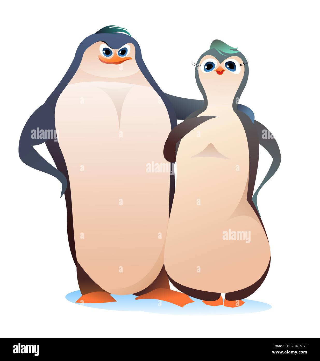 Penguin cartoon. An adult confident strong man and Beauty bird girl. Cheerful funny person. Koik style. Isolated on white background. Vector. Stock Vector