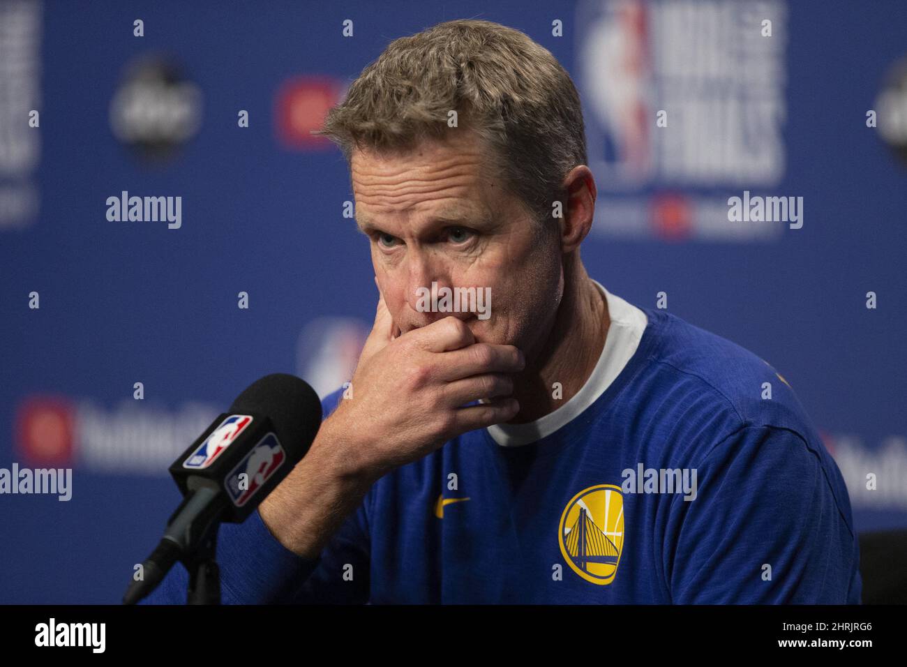 Golden State Warriors head coach Steve Kerr speaks to reporters during
