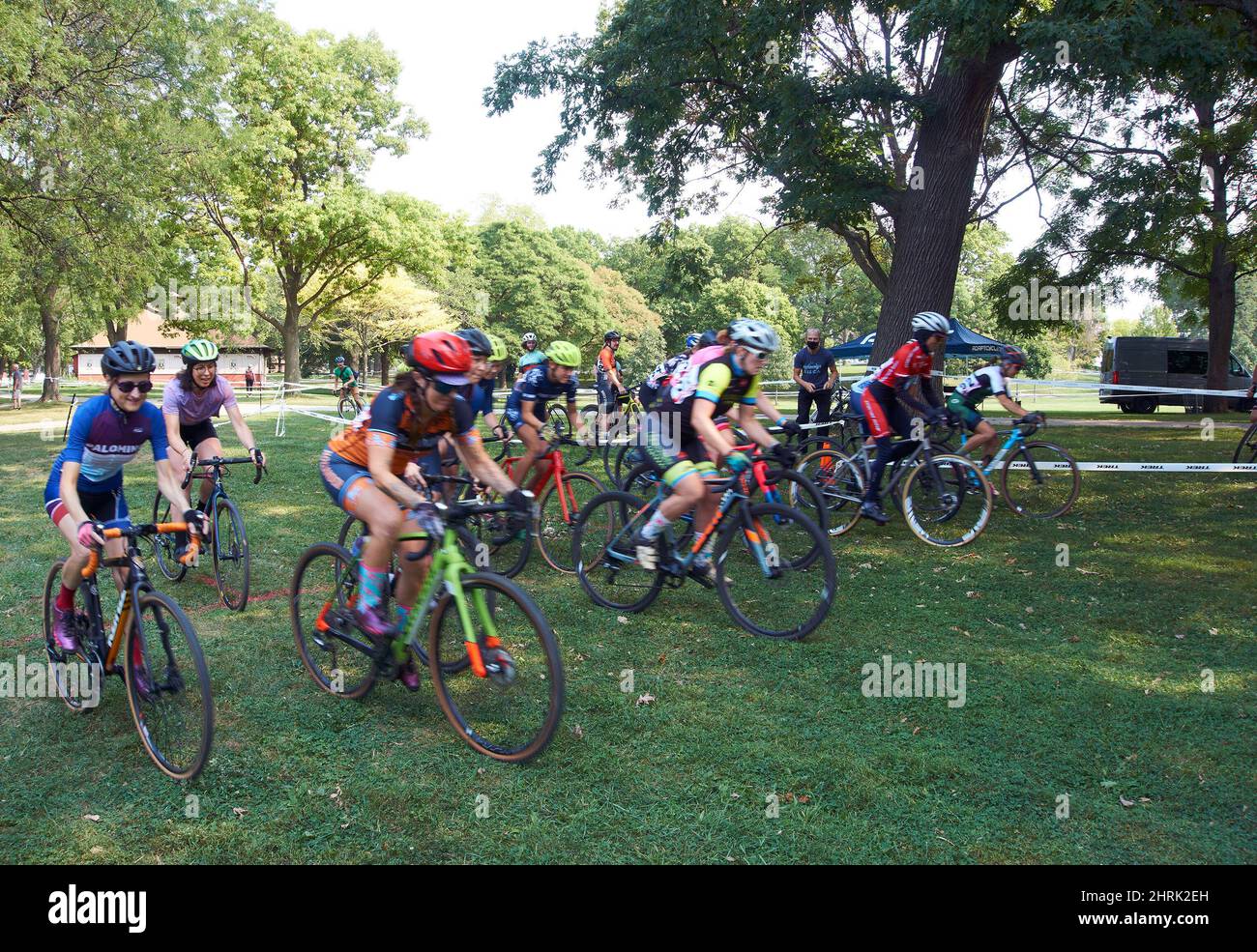 Women's cyclocross race in Kosciuszko Park, Milwaukee, Wisconsin, USA. Stock Photo