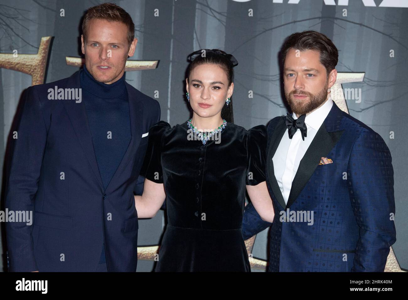 LONDON, ENGLAND - FEBRUARY 24:  Sam Heughan, Sophie Skelton and Richard Rankin attend the UK Premiere of 'Outlander' Season Six at The Royal Festival Stock Photo