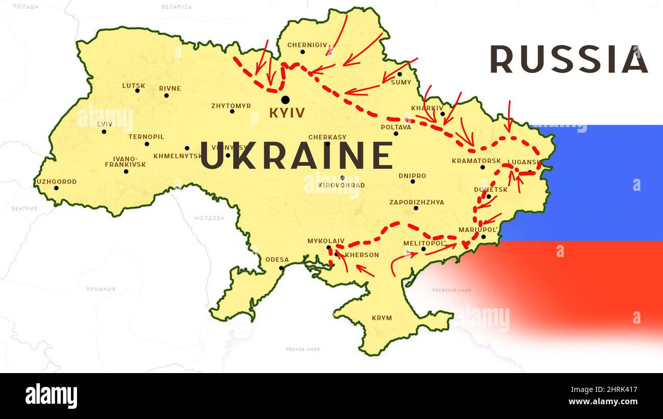 The war between Russia and Ukraine. directions of movement of Russian troops in the direction of Kiev on the map of Ukraine. Stock Photo
