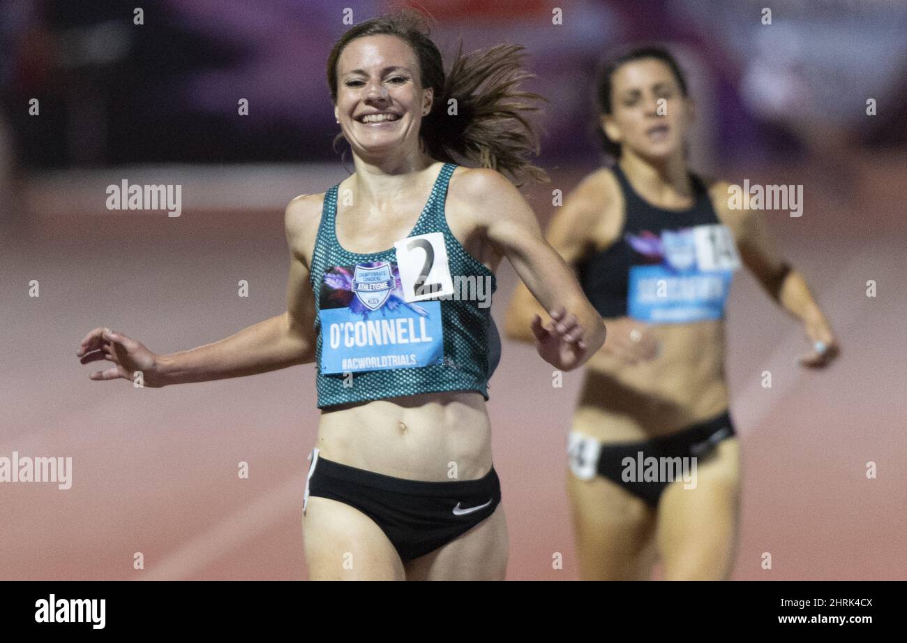 Jessica O'Connell smiles as she crosses the finish line to edge out