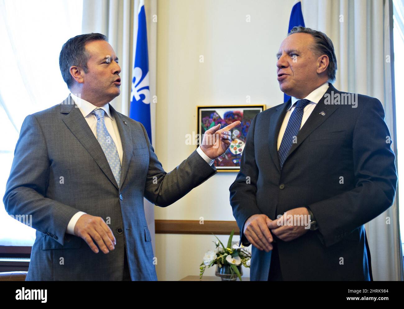 Alberta Premier Jason Kenney, left, chats with Quebec Premier Francois Legault on Wednesday, June 12, 2019 at the Quebec Premier's office in Quebec City. Kenney said Monday his Quebec counterpart does not understand the history of equalization.THE CANADIAN PRESS/Jacques Boissinot Stock Photo