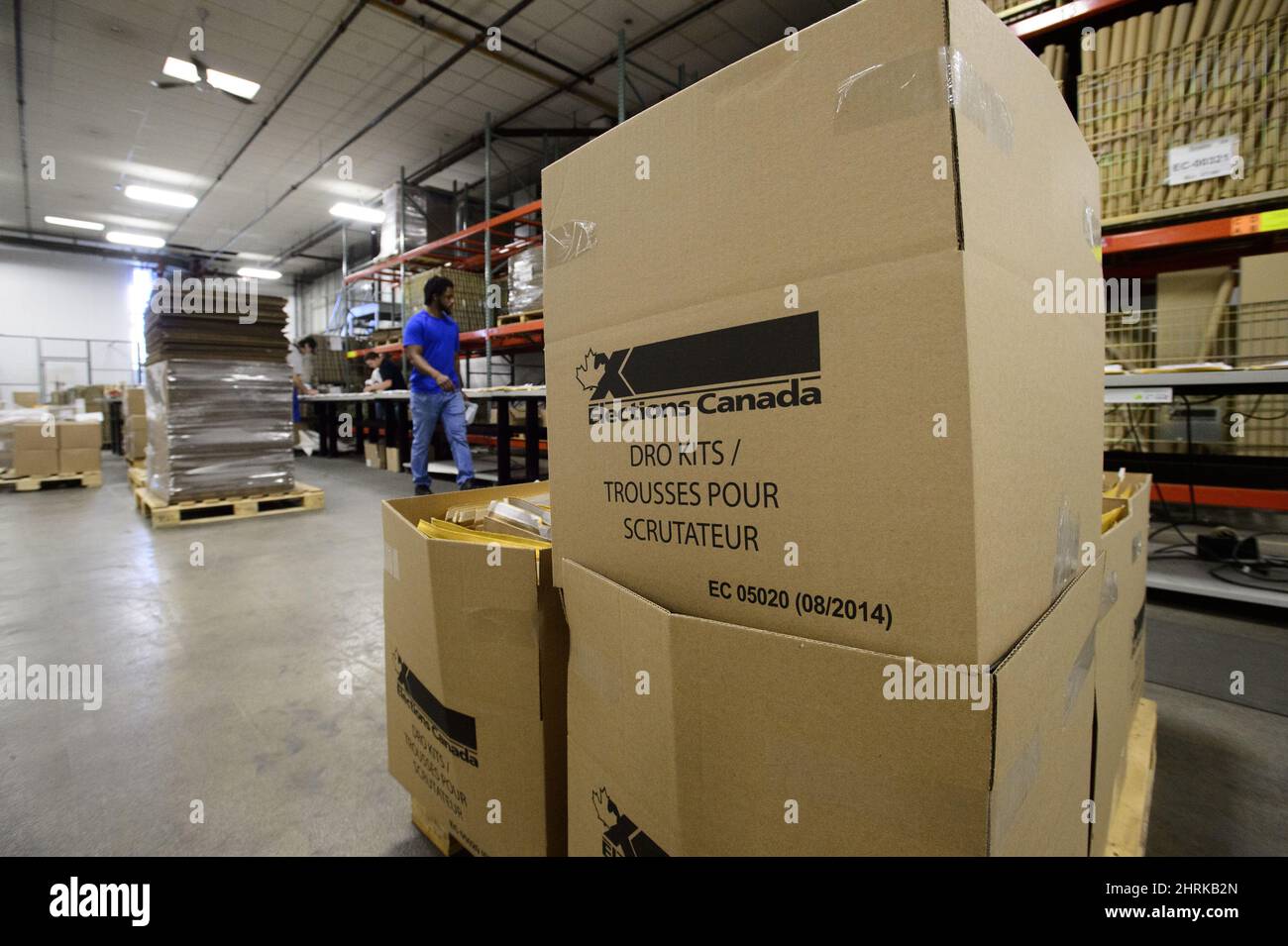 Workers prepare shipments at the Elections Canada distribution centre as in Ottawa on Thursday