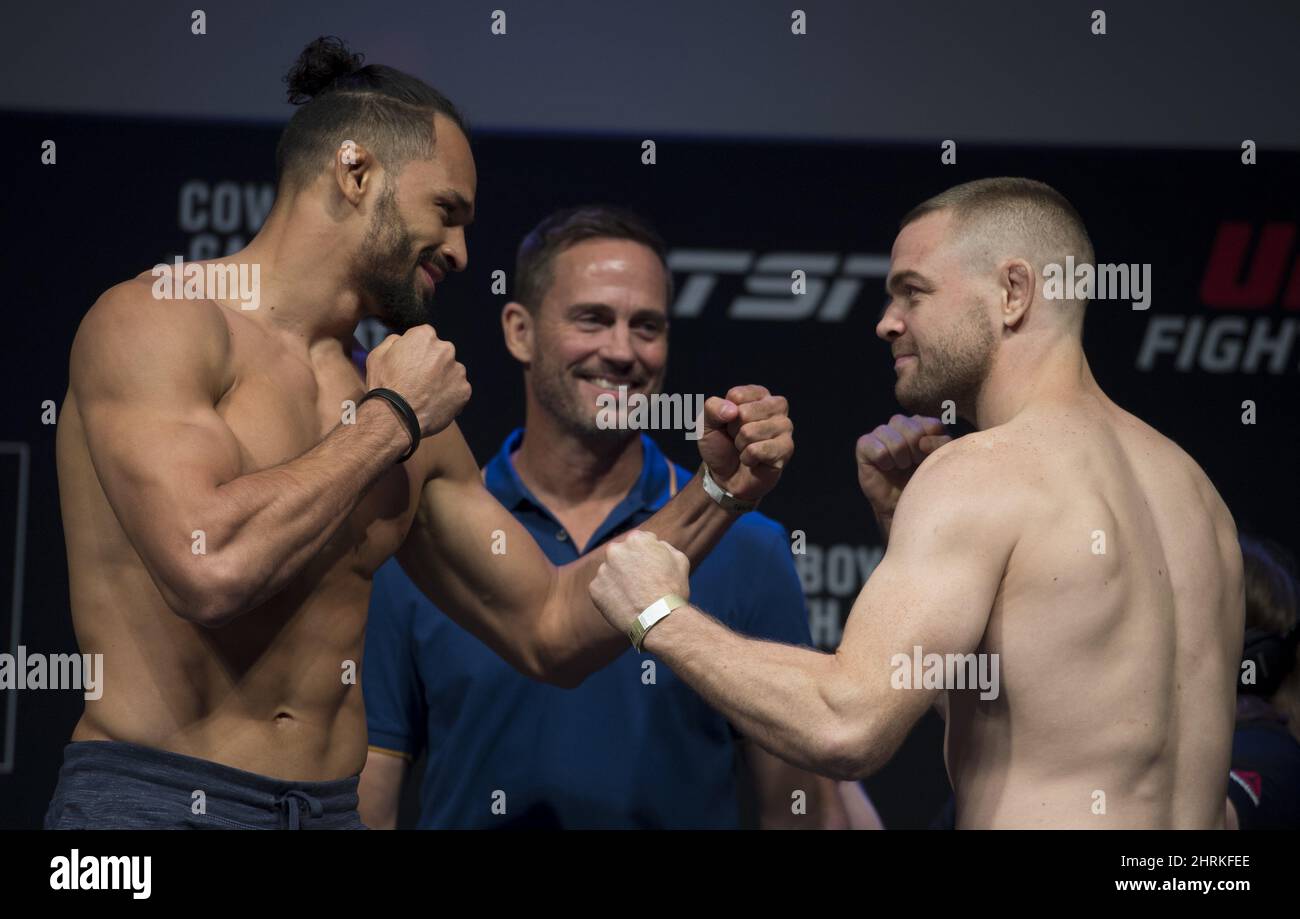 tristan-connelly-right-and-michel-pereira-face-off-against-each-other-during-the-ceremonial-weigh-in-at-rogers-arena-in-vancouver-friday-september-13-2019-the-canadian-pressjonathan-hayward-2HRKFEE.jpg