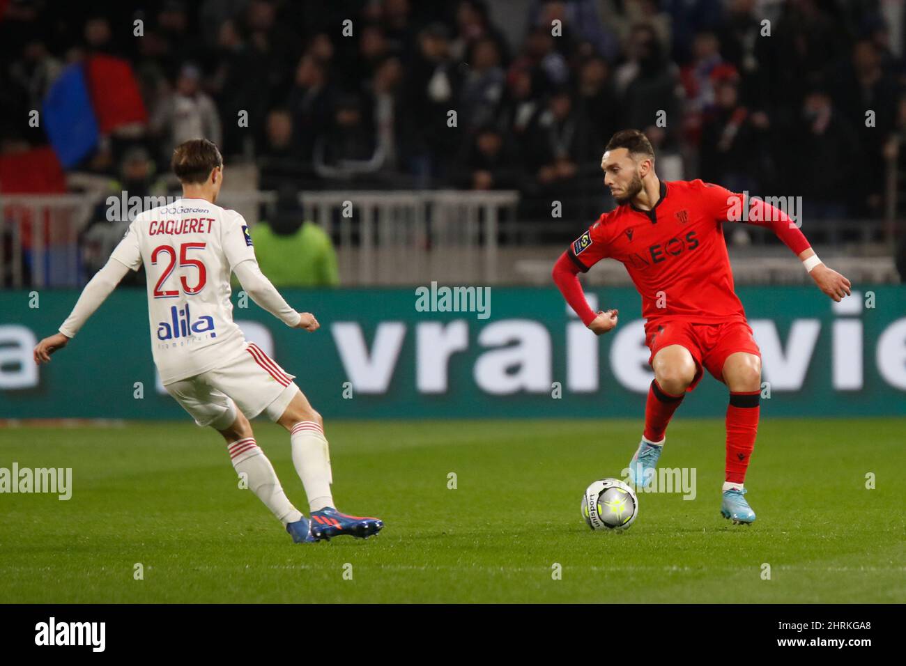 Amine GOUIRI of Nice and Maxence CAQUERET of Lyon during the French  championship Ligue 1 football match between Olympique Lyonnais and OGC Nice  on February 12, 2022 at Groupama stadium in Decines-Charpieu