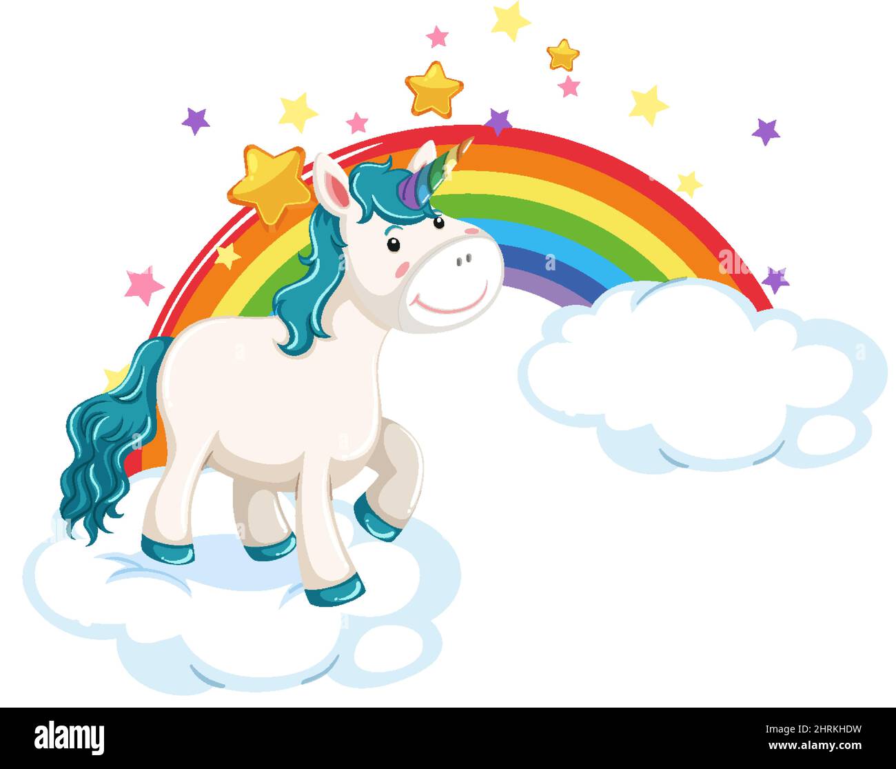 Cute unicorn standing on a cloud with rainbow illustration Stock Vector ...