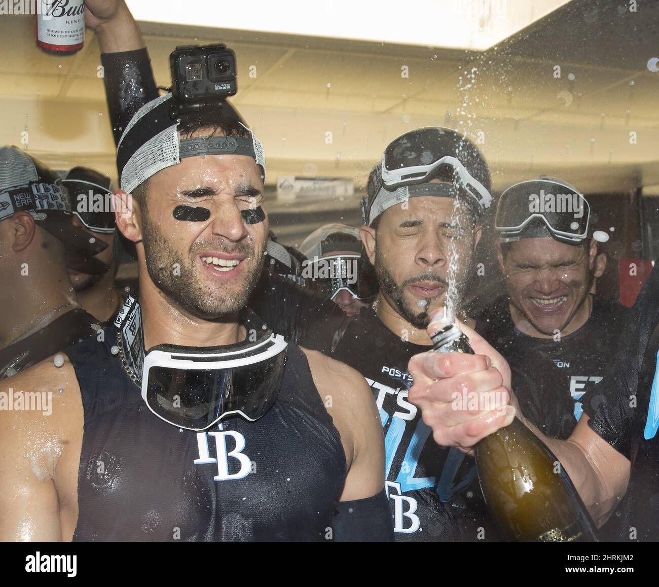 Tampa Bay Rays' Travis d'Arnaud, right, celebrates with Tommy Pham