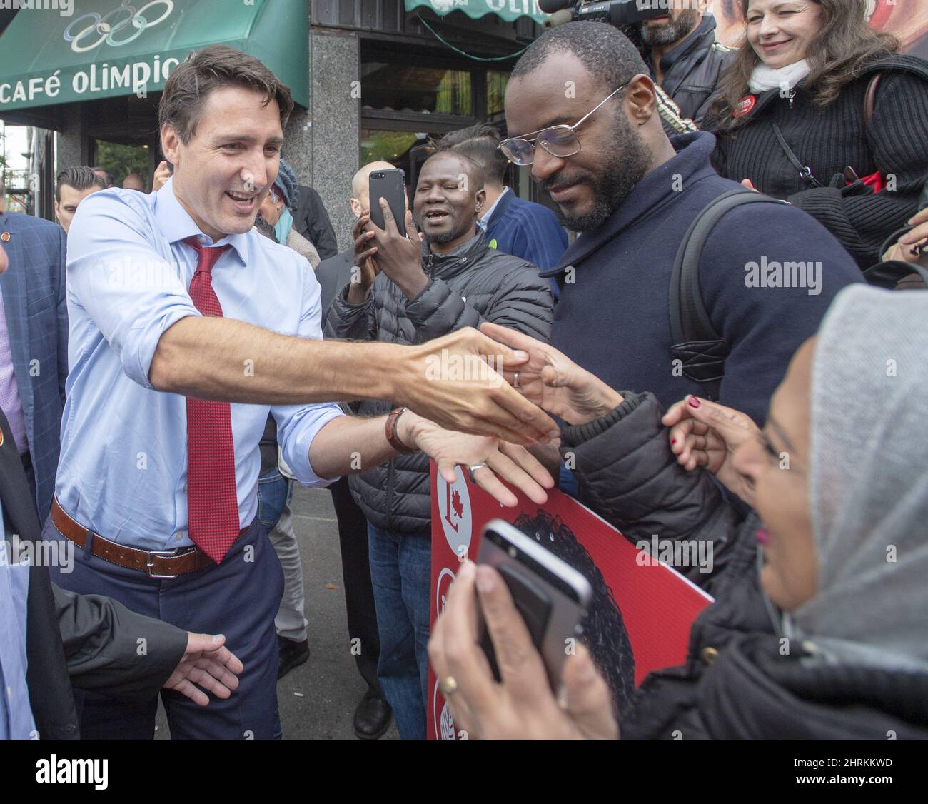 Liberal leader Justin Trudeau greets supporters while campaigning Thursday, October 3, 2019 in Montreal, Quebec. THE CANADIAN PRESS/Ryan Remiorz Stock Photo