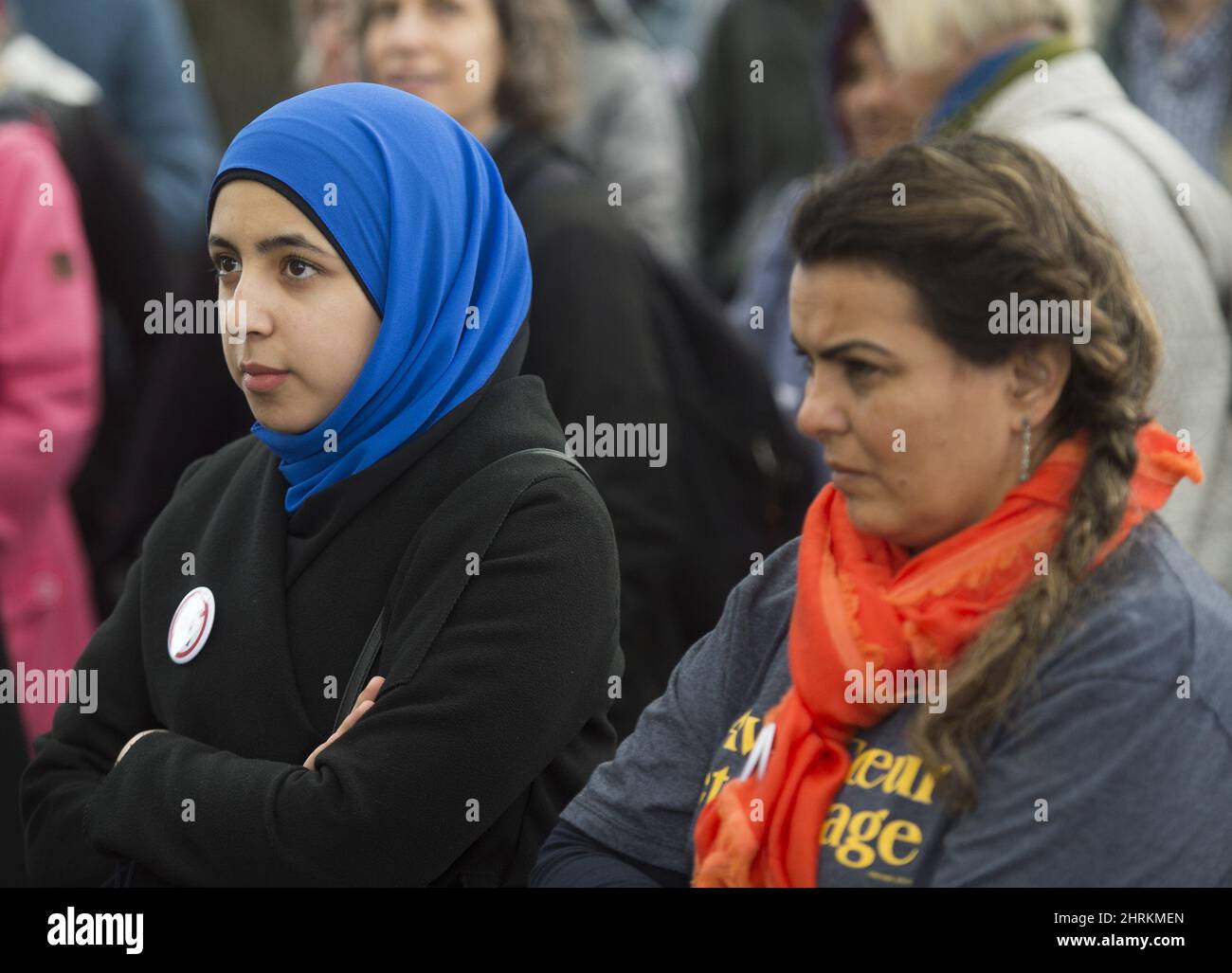 People attend a demonstration to protest against Bill 21 in Montreal