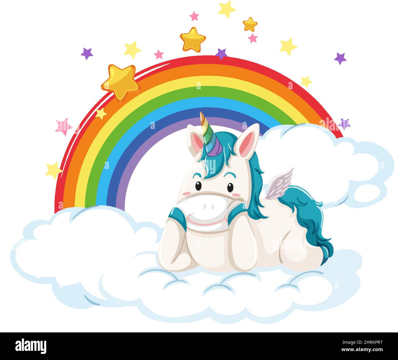 Cute unicorn lying on a cloud with rainbow illustration Stock Vector ...
