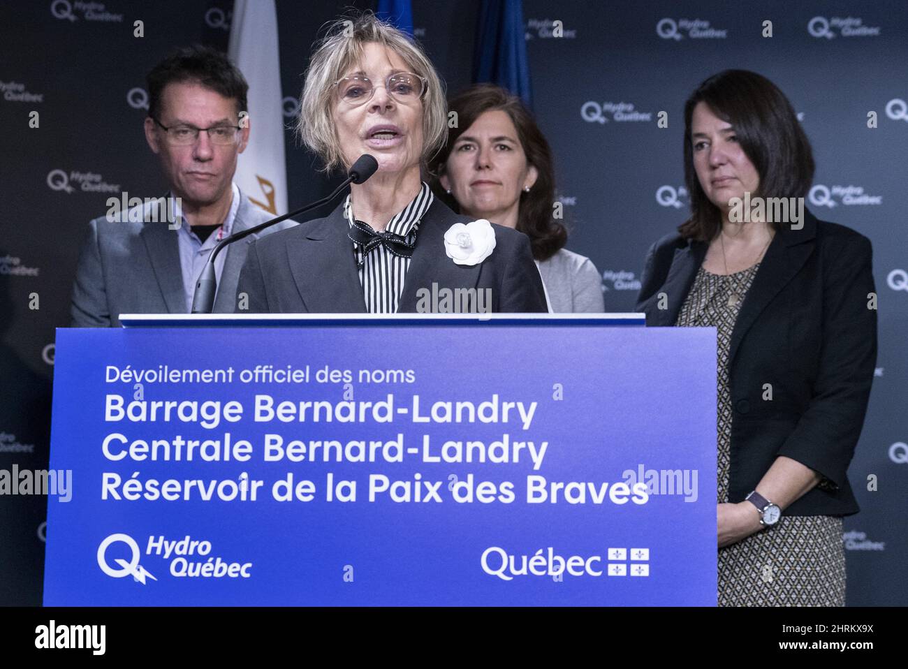 Chantal Renaud, wife of former Quebec premier Bernard Landry, addresses a ceremony renaming the hydroelectric facilities in the Eastmain-Sarcelle-Rupert complex in memory of Bernard Landry in Montreal on Monday, November 4, 2019. Behind are Landry's three children Philippe, Pascale and Julie-Anne. THE CANADIAN PRESS/Paul Chiasson Stock Photo