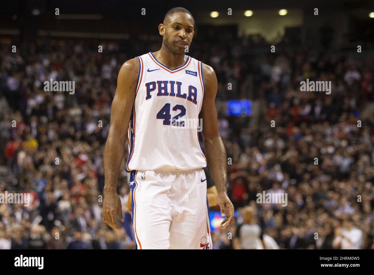 Philadelphia 76ers' Al Horford reacts during a break in play against