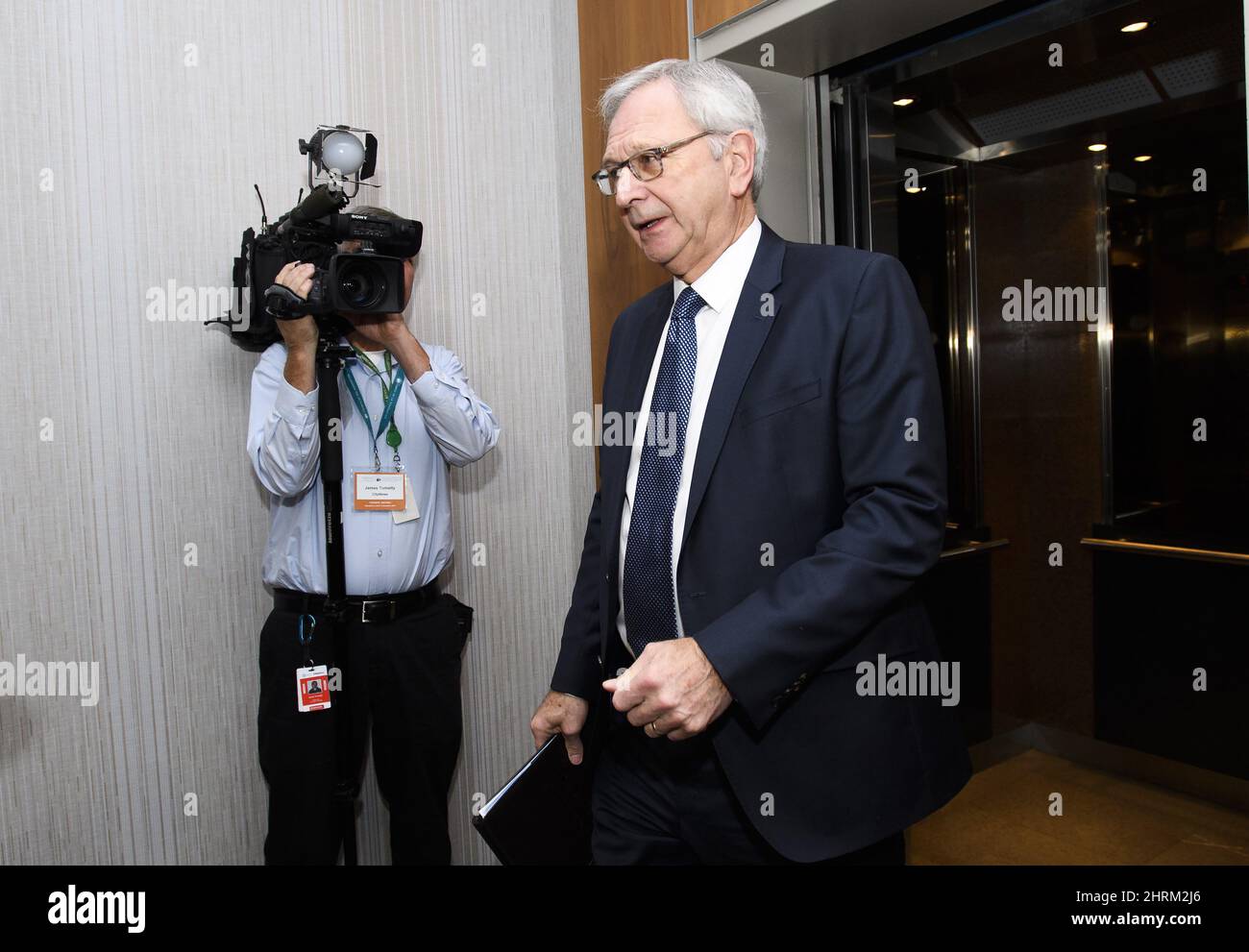 Blaine Higgs, Premier of New Brunswick, arrives during a meeting of the