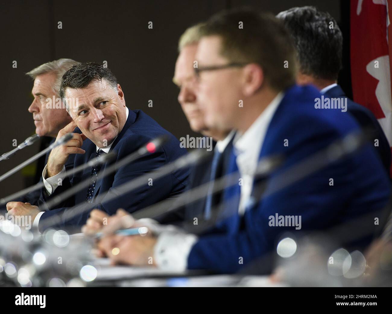 Dennis King, Premier of Prince Edward Island listens during a meeting