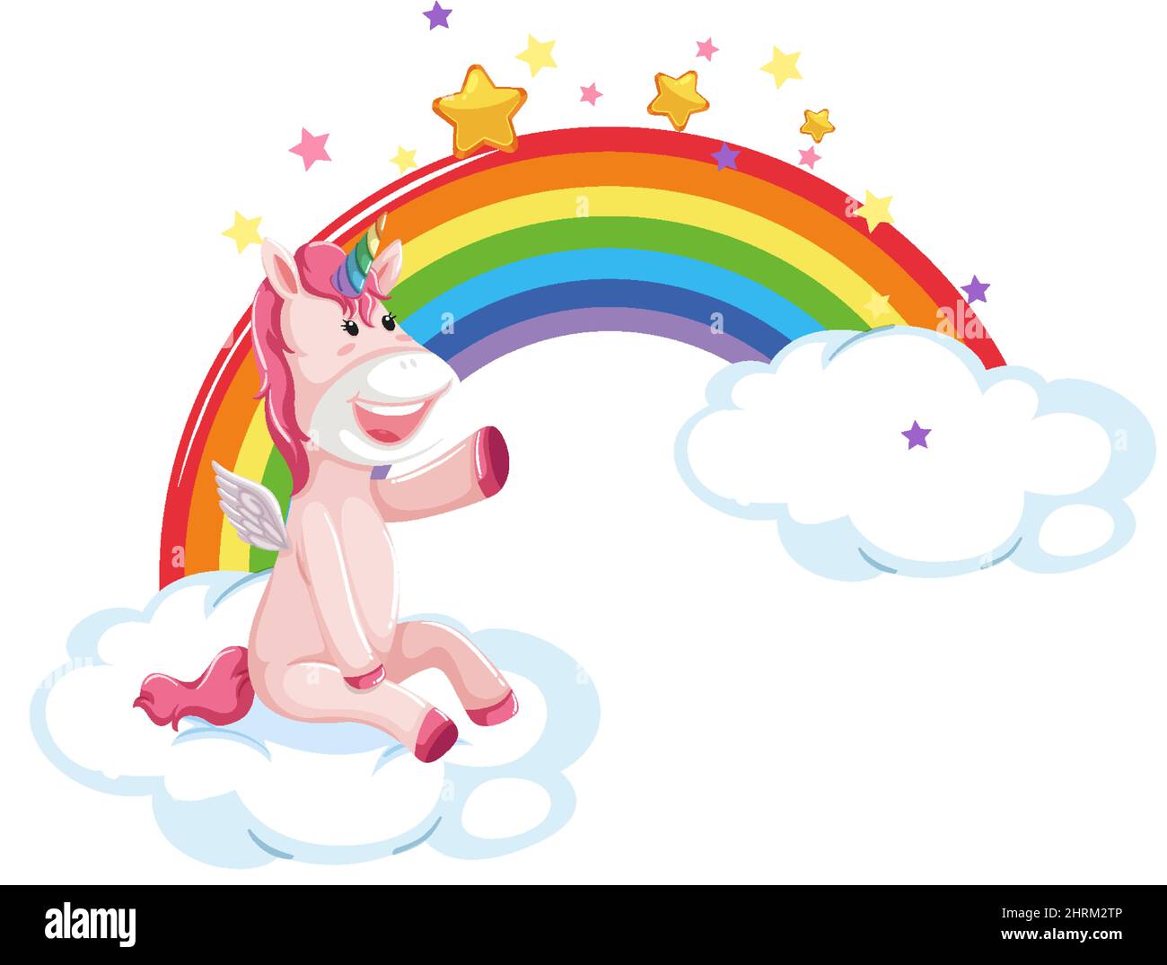 Pink unicorn sitting on a cloud with rainbow illustration Stock Vector ...