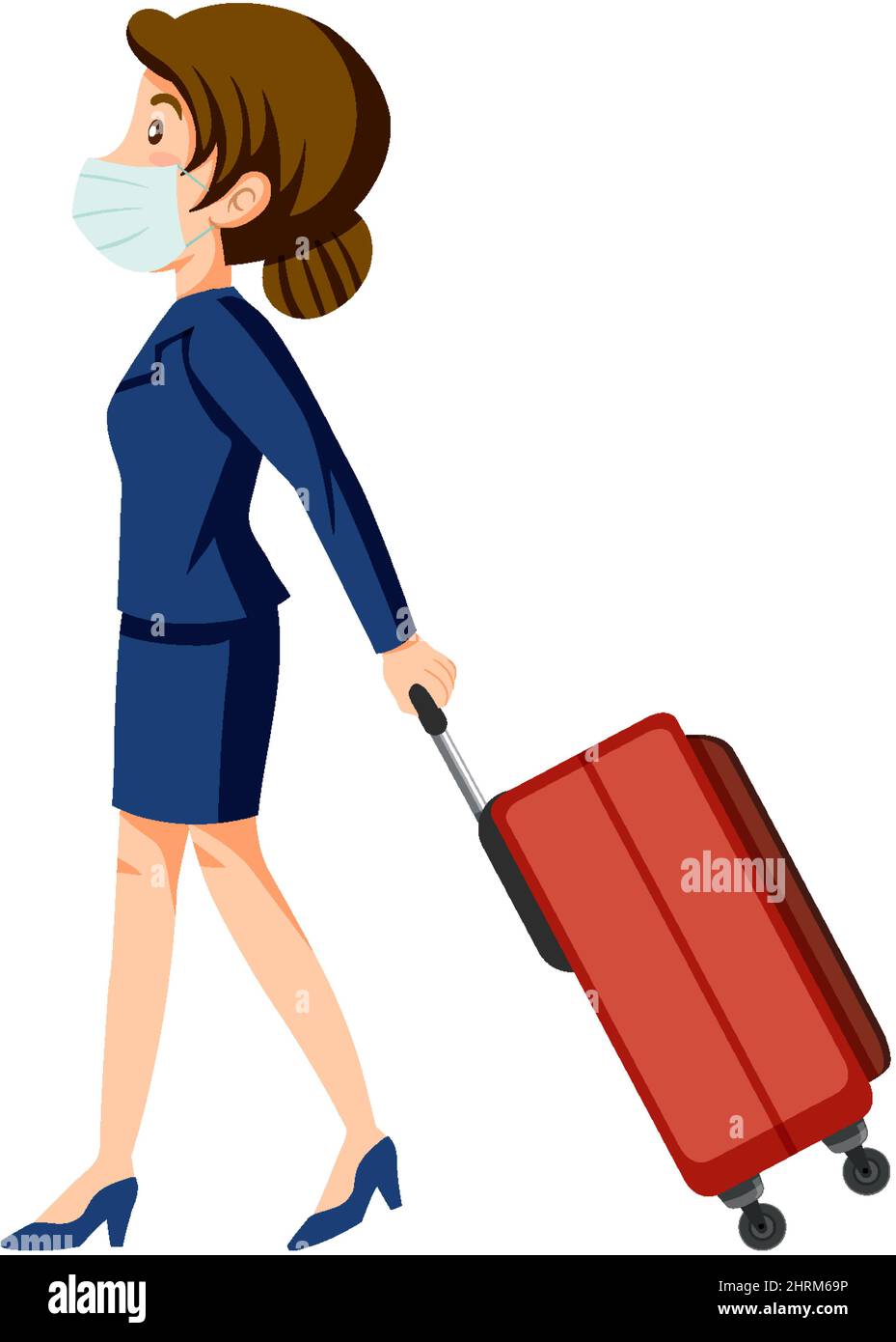 Side view of flight attendant dragging luggage illustration Stock Vector